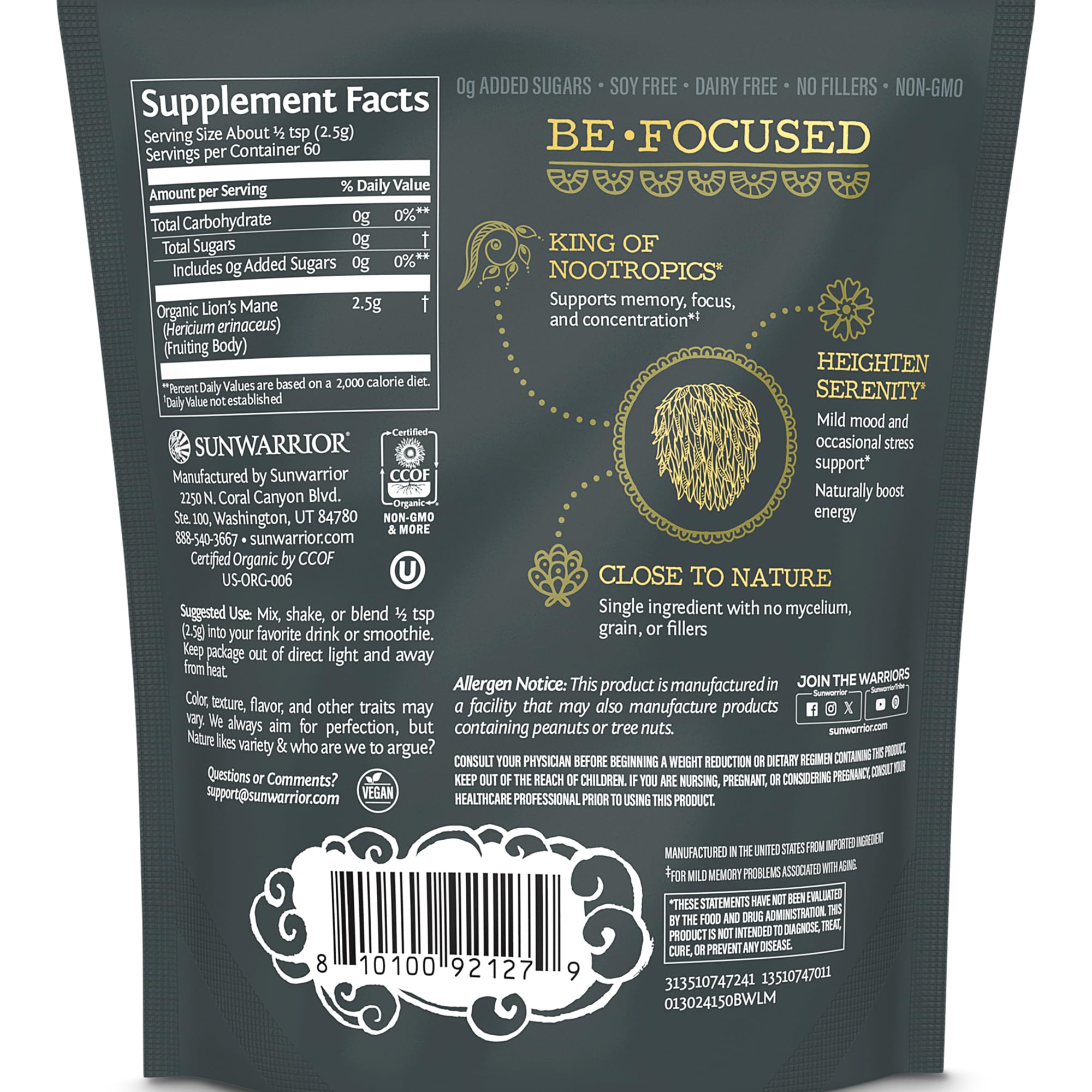 Sunwarrior pot bio crinière de lion, poudre biologique prête à l’emploi.