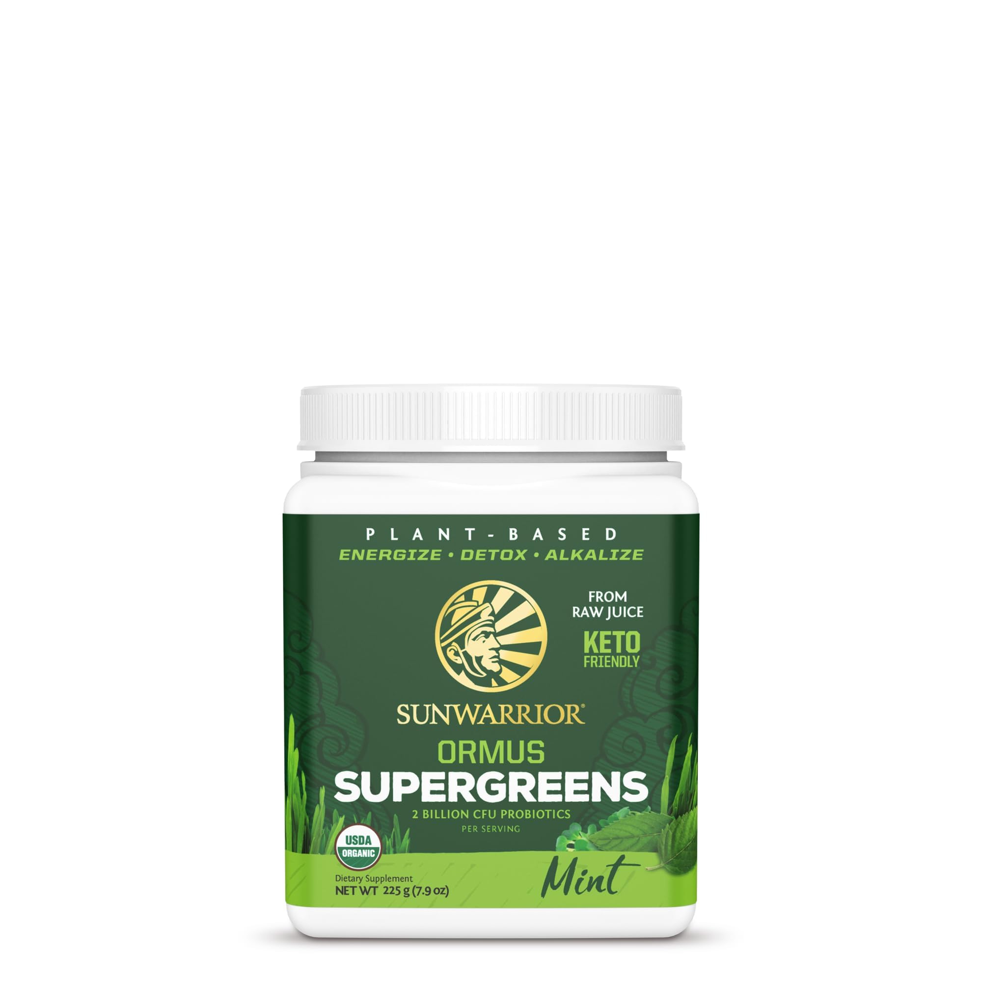 Flacon Sunwarrior Greens avec probiotiques, soutien probiotiques potentiels