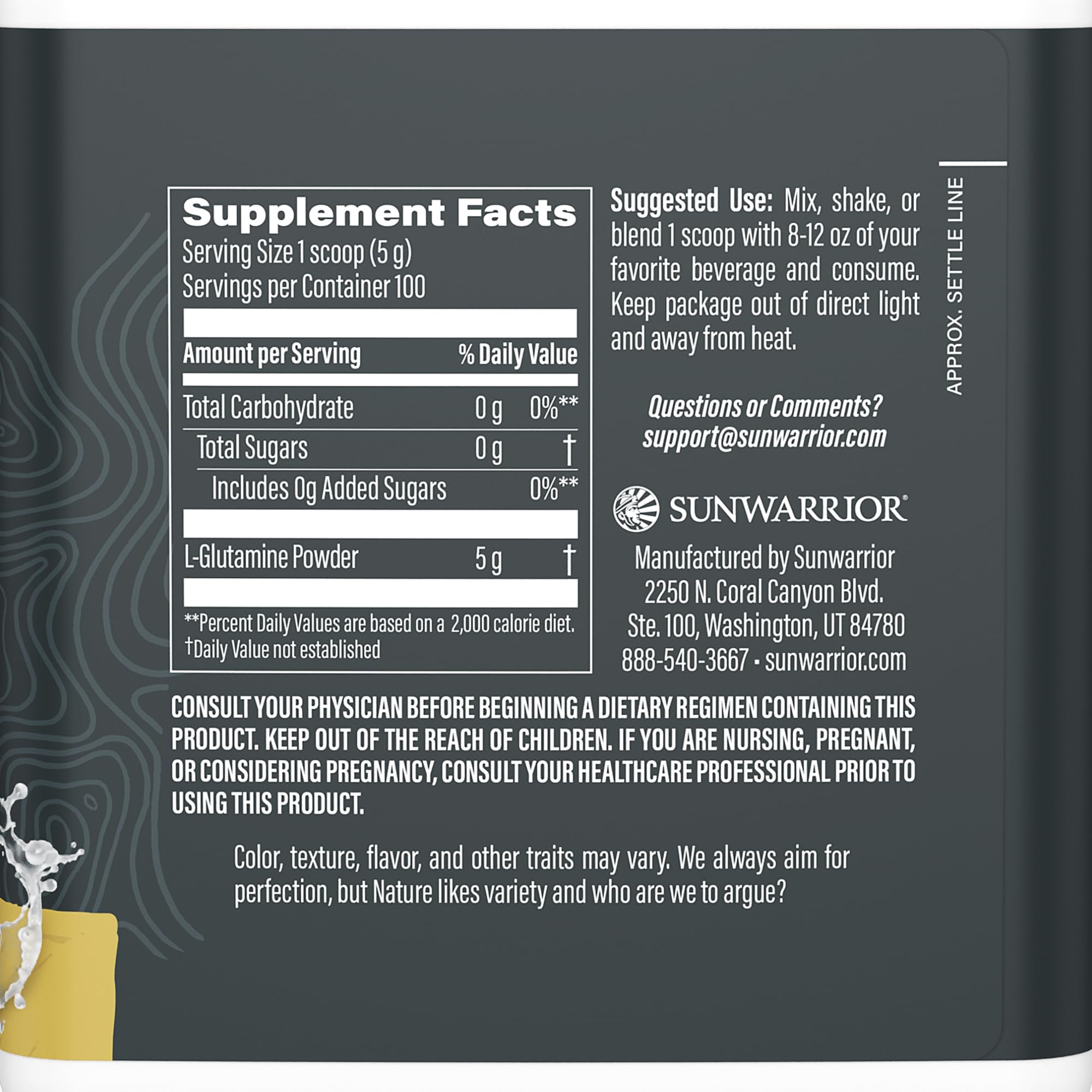 Dose Sunwarrior L-Glutamine avec scoop pratique pour le post-entraînement