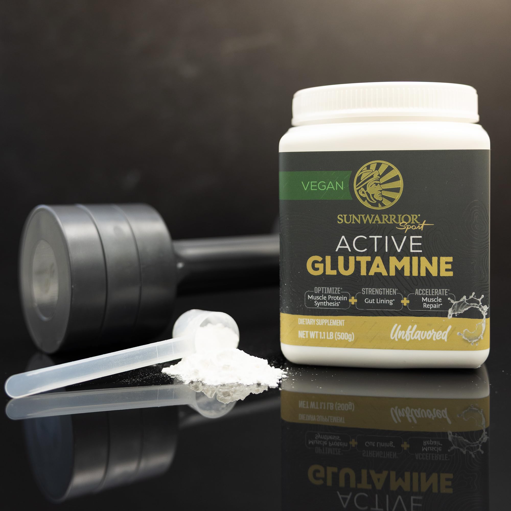 Étiquette Sunwarrior L-Glutamine indiquant soutien musculaire et digestion