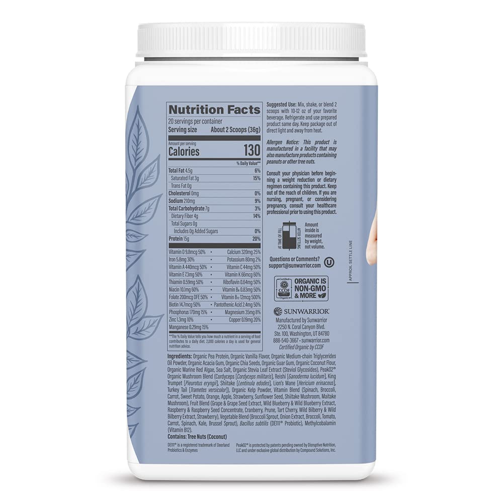 Ingrédients organiques Sunwarrior Lean Superfood visibles pour smoothie nourrissant.