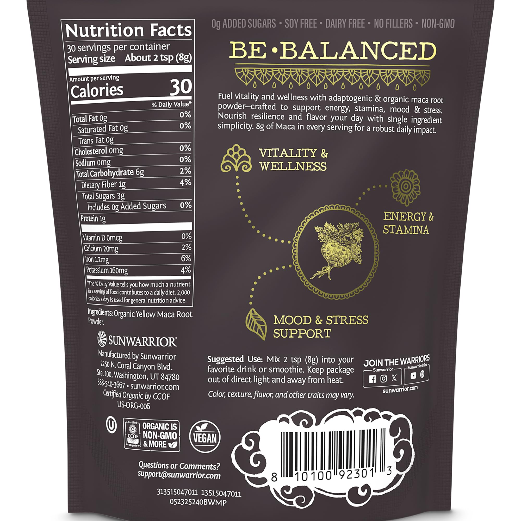 Sunwarrior Maca Jaune en poudre prête à être mélangée dans les smoothies.