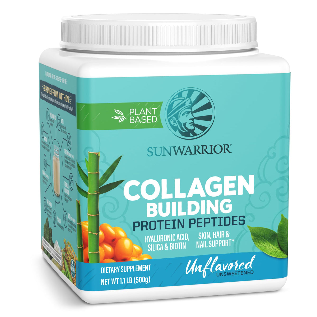Sunwarrior poudre-collagene-vegetal-bouteille: formulation vegan pour cheveux et peau.