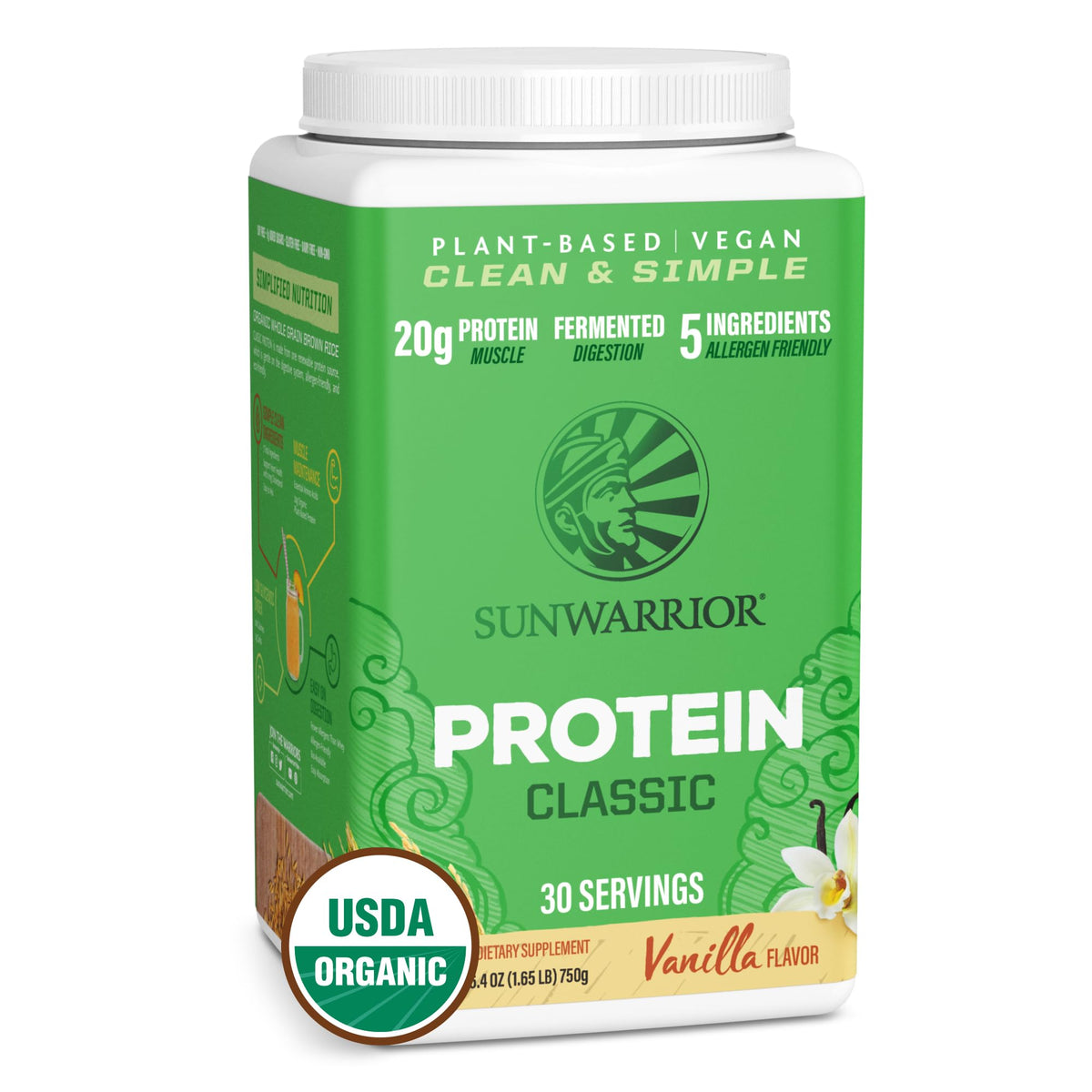 Sunwarrior poudre protéine vanille organique, mélange facile pour smoothies protéinés.