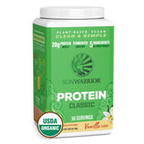 Sunwarrior poudre protéine vanille organique, mélange facile pour smoothies protéinés.