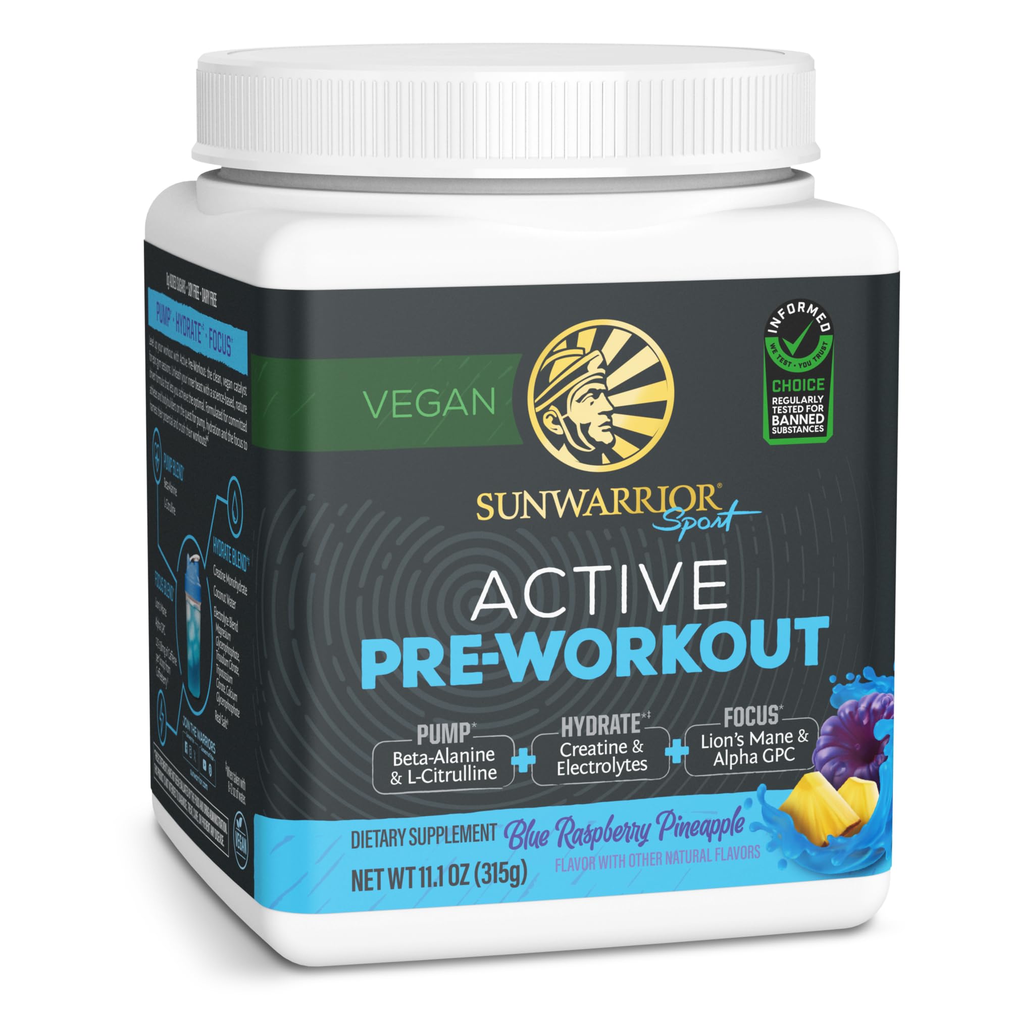 Sunwarrior Pré-Workout en poudre, arôme framboise bleue et ananas, énergie potentielle.