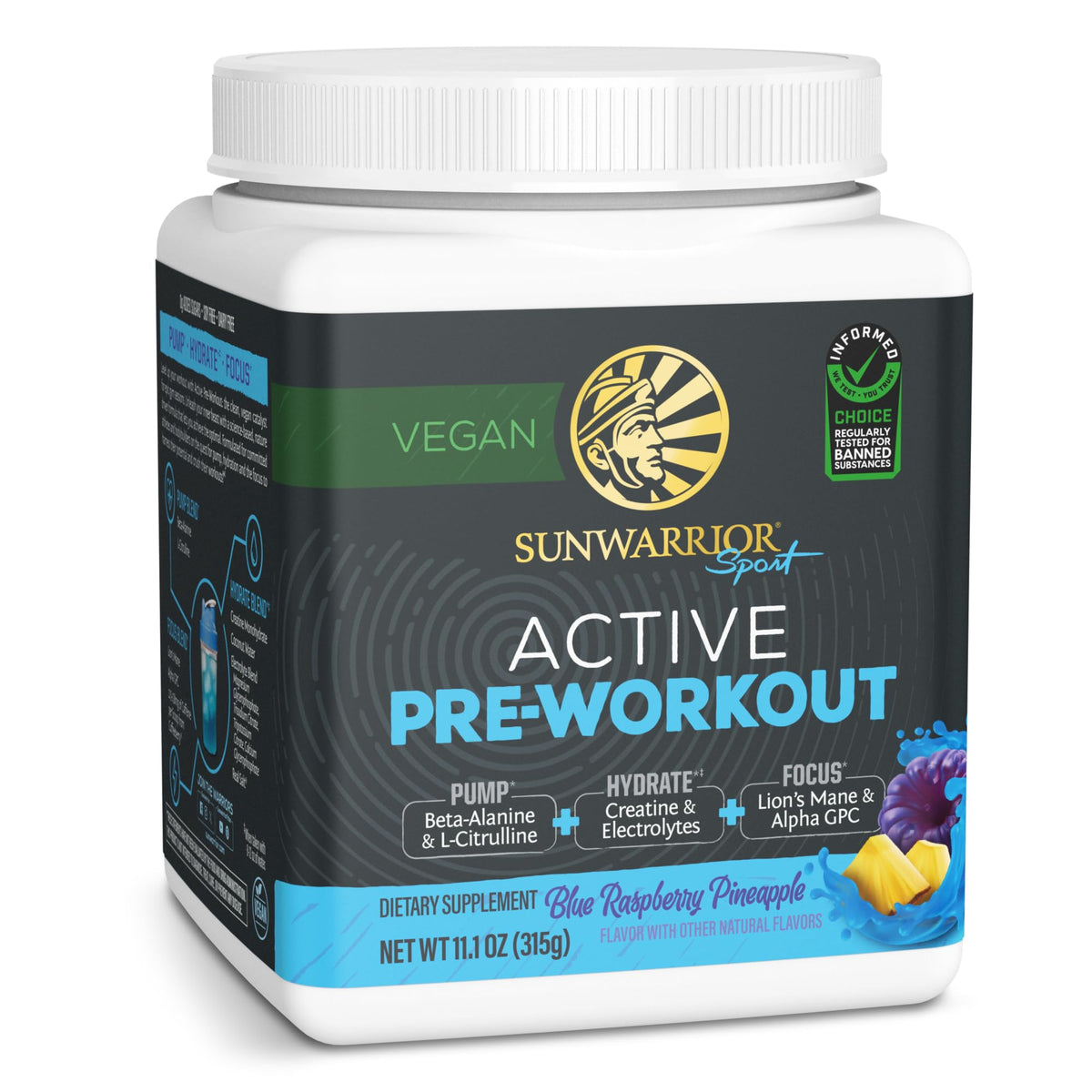 Sunwarrior Pré-Workout en poudre, arôme framboise bleue et ananas, énergie potentielle.