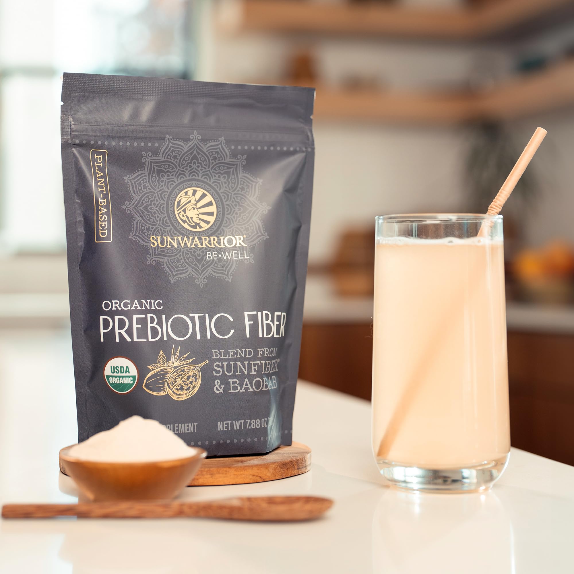 Sunwarrior Be Well Fibre prébiotique – facile à intégrer dans boisson ou yaourt.