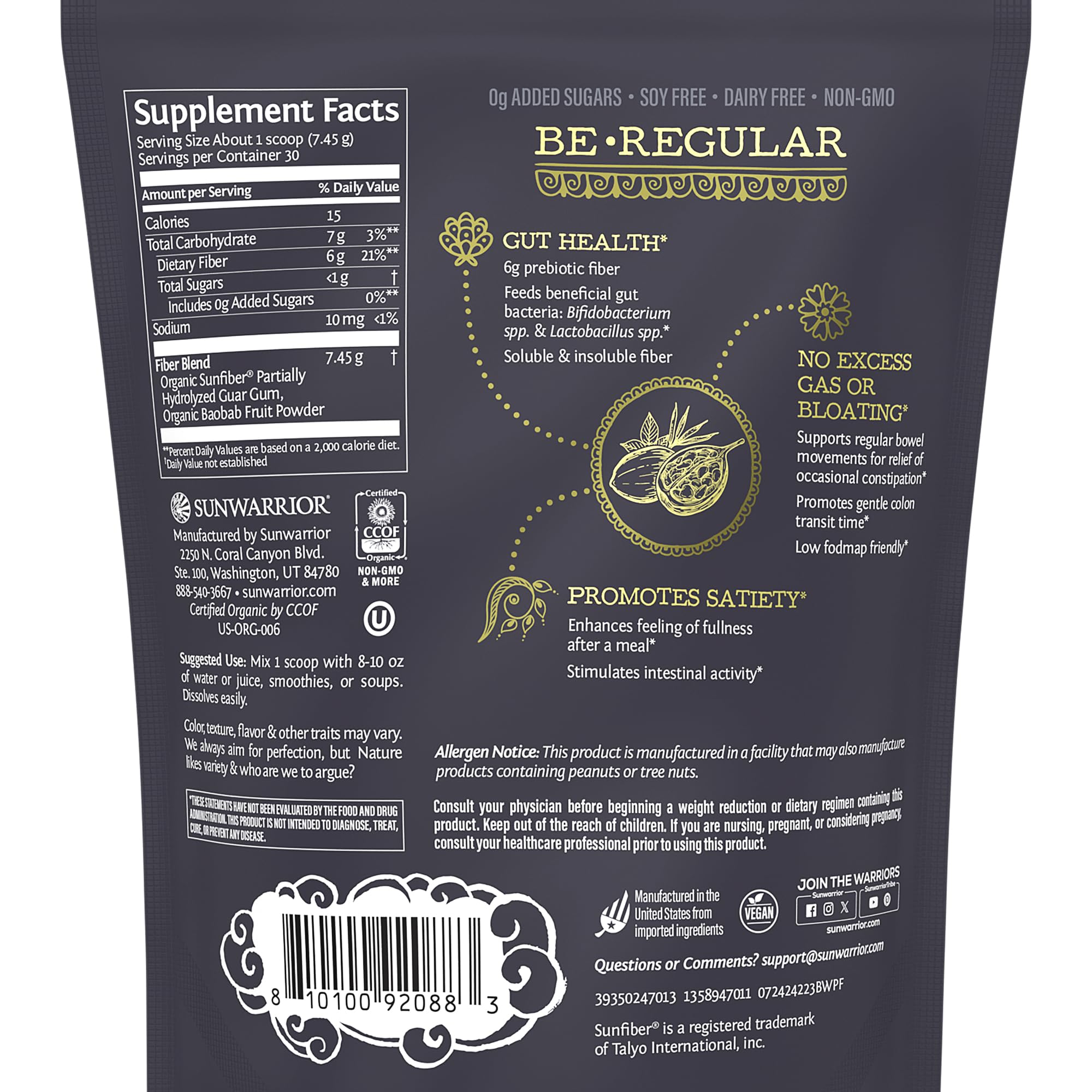 Sunwarrior Be Well Fibre prébiotique – soutien doux du transit intestinal.