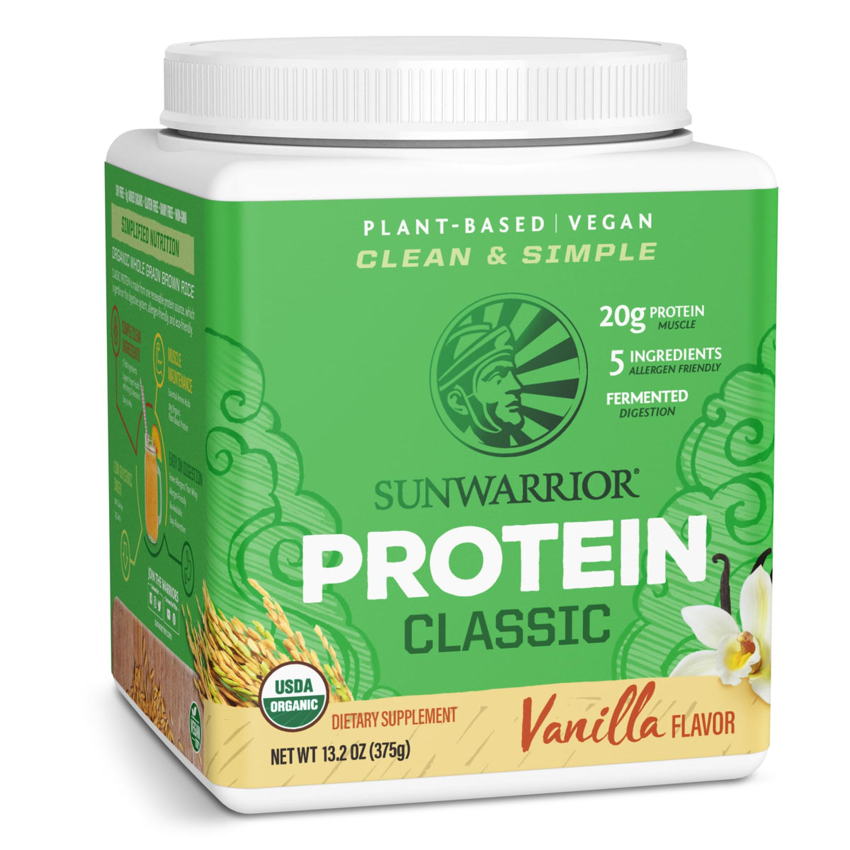 Sunwarrior Proteine Classic Vanille, bouteille visible, soutient récupération musculaire après l'entraînement.
