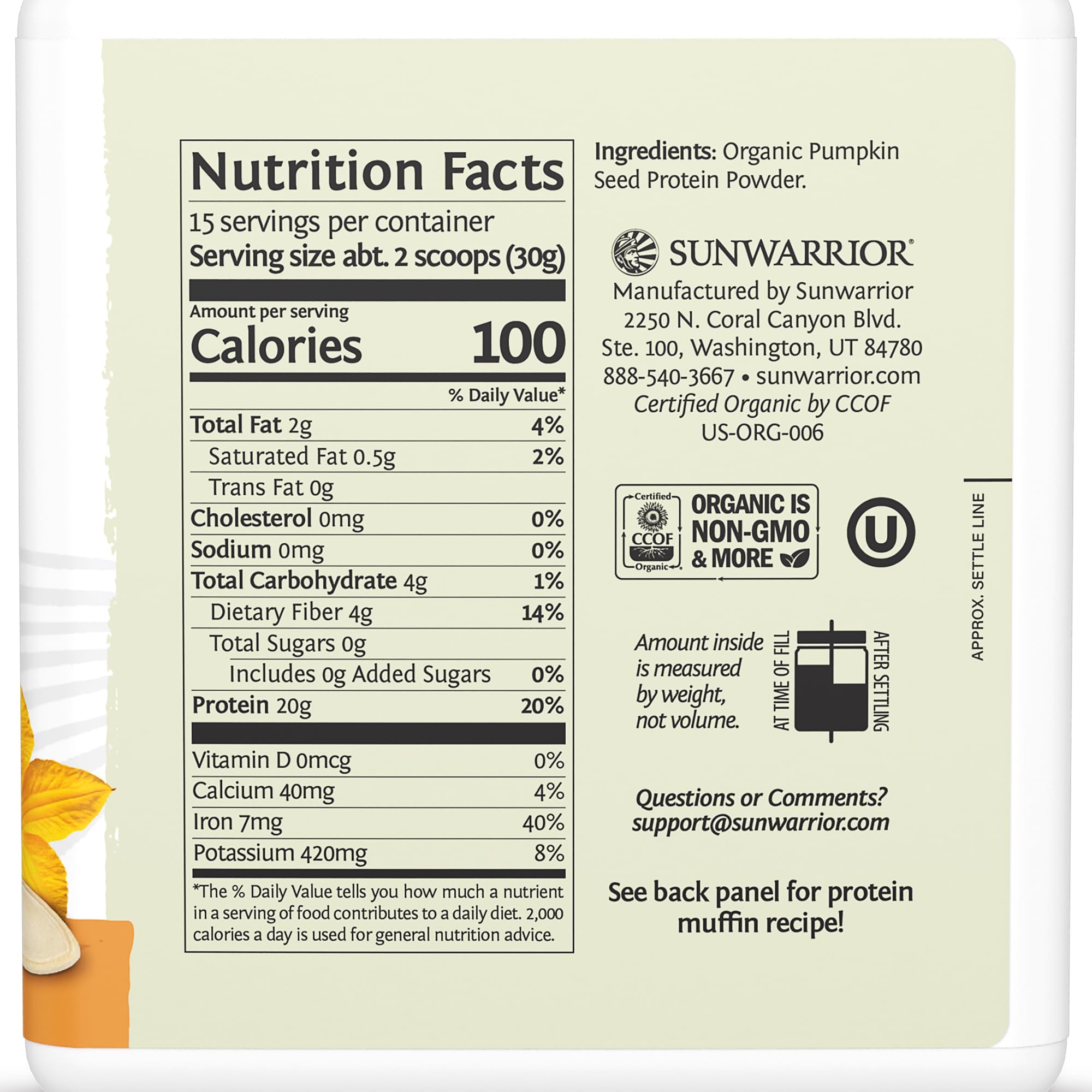 Sunwarrior Protéine de Graines de Citrouille – ingrédient unique bio, emballage clair