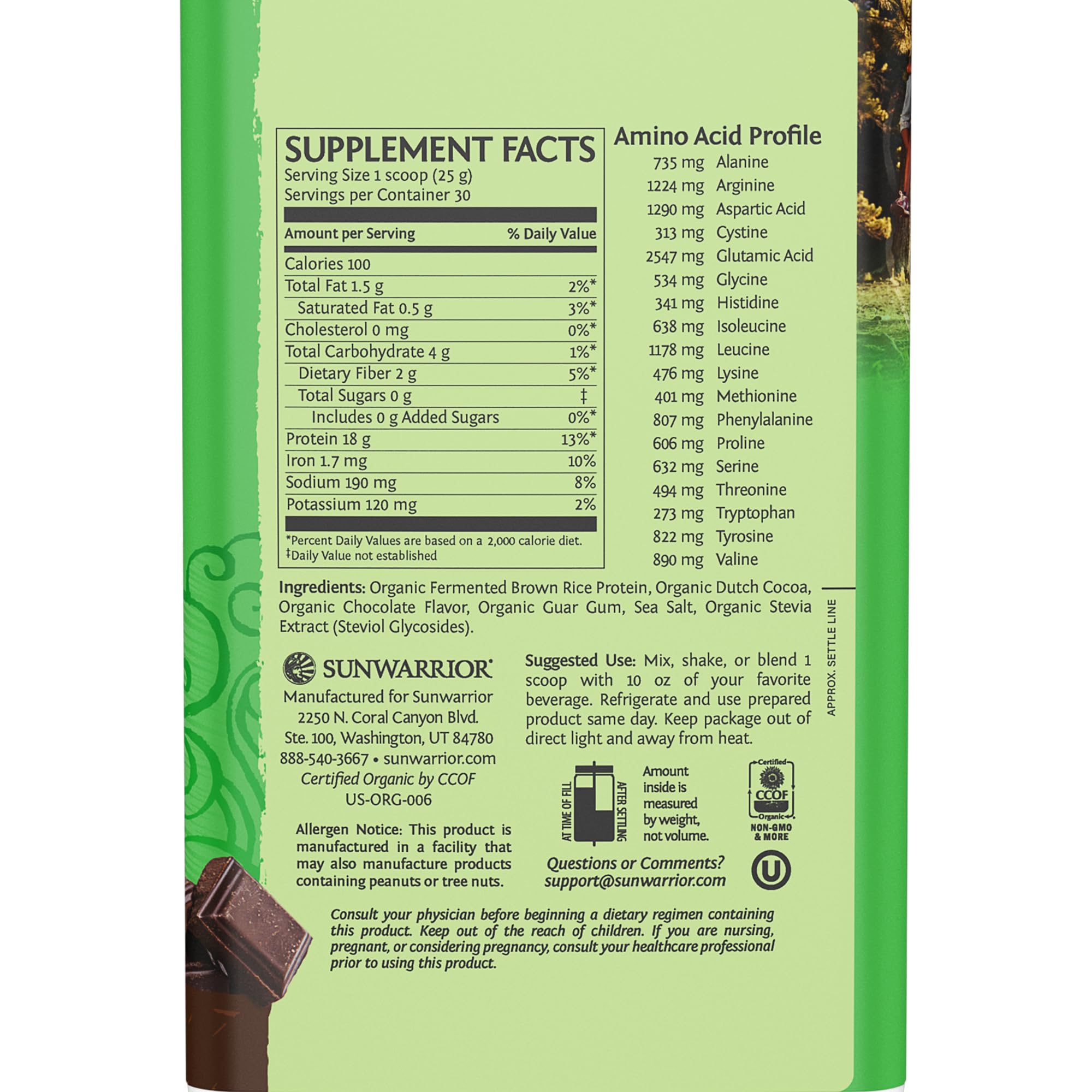 Sunwarrior Protéine riz brun bio chocolat, parfaite pour shakes nutritifs