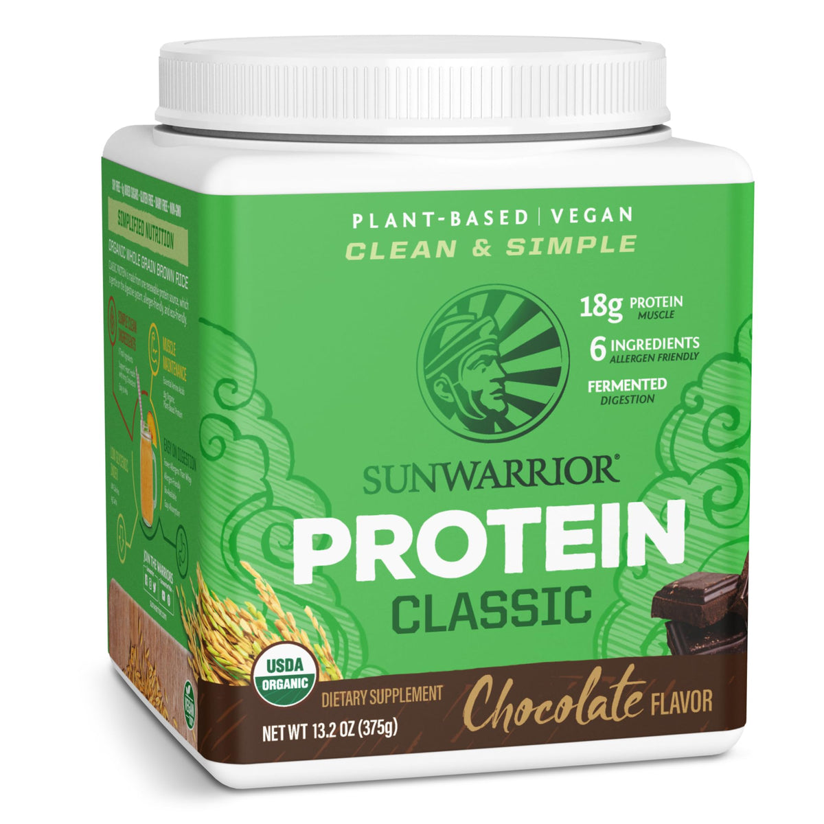 Sunwarrior protéine riz brun chocolat dans son flacon, source protéique végétale pratique.