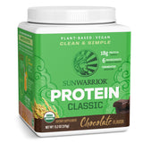 Sunwarrior protéine riz brun chocolat dans son flacon, source protéique végétale pratique.