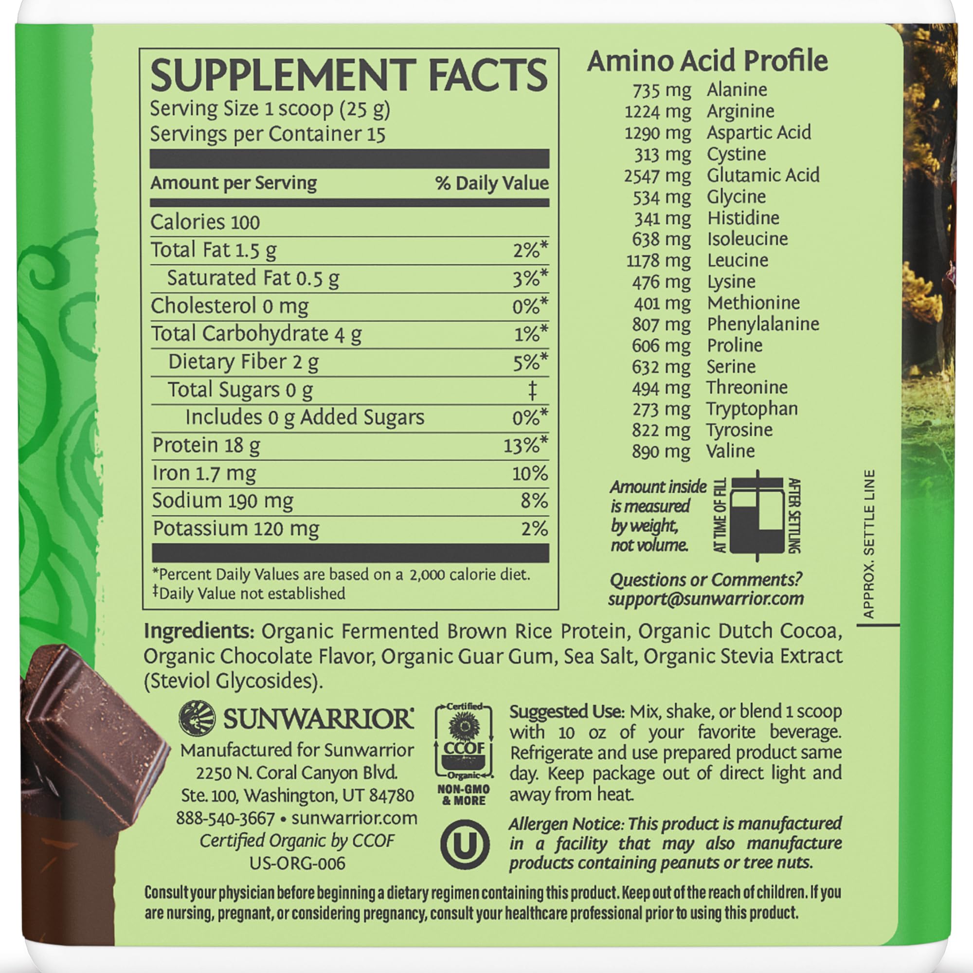 Sunwarrior poudre protéine riz brun chocolat, texture fine idéale pour shakes.
