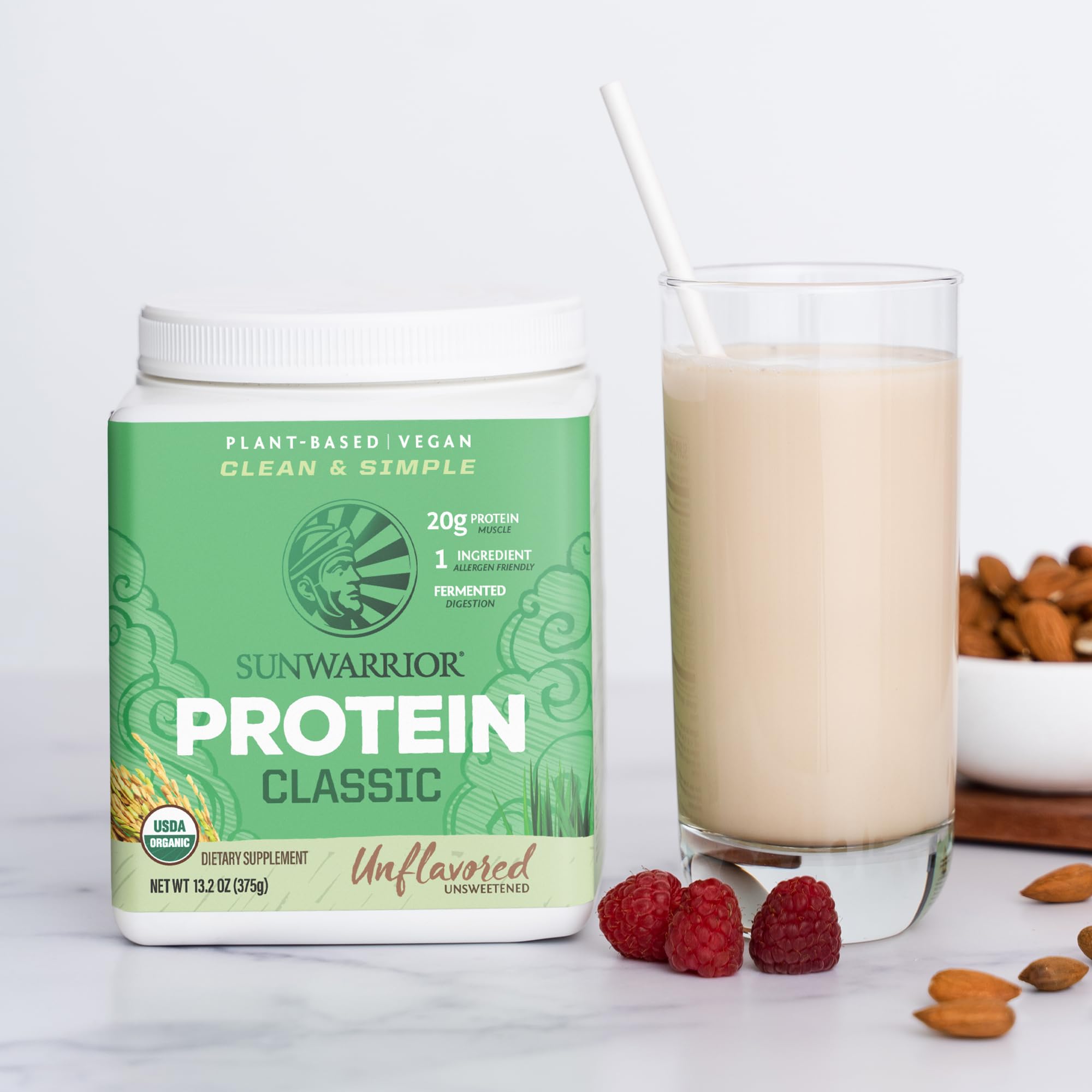Sunwarrior protéine riz brun, étiquette sans gluten et sans lactose.