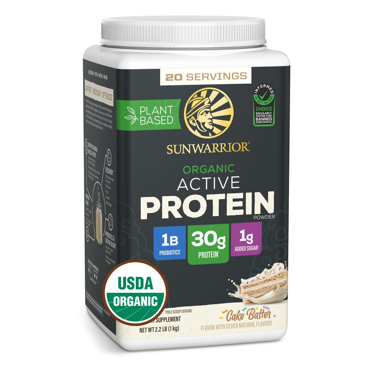 Sunwarrior poudre protéine végétale bio saveur gâteau, idéal pour boissons protéinées.
