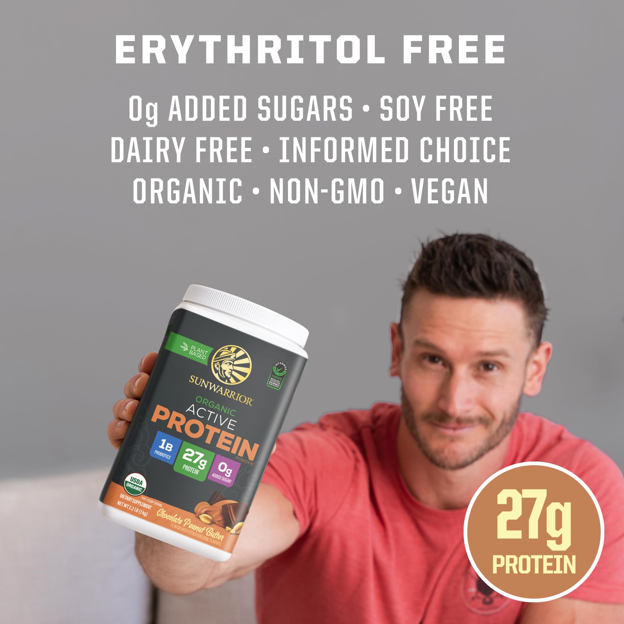 Sunwarrior Protéine Végétale Chocolat Beurre d'Arachide, ingrédients clés visibles.