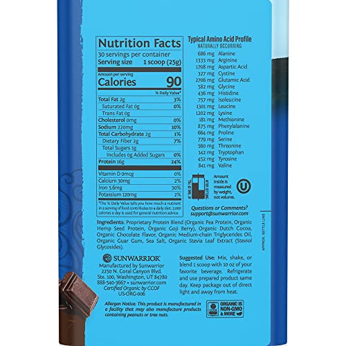 Protéine végane Sunwarrior chocolat, sans sucre ajouté pour shakes équilibrés.