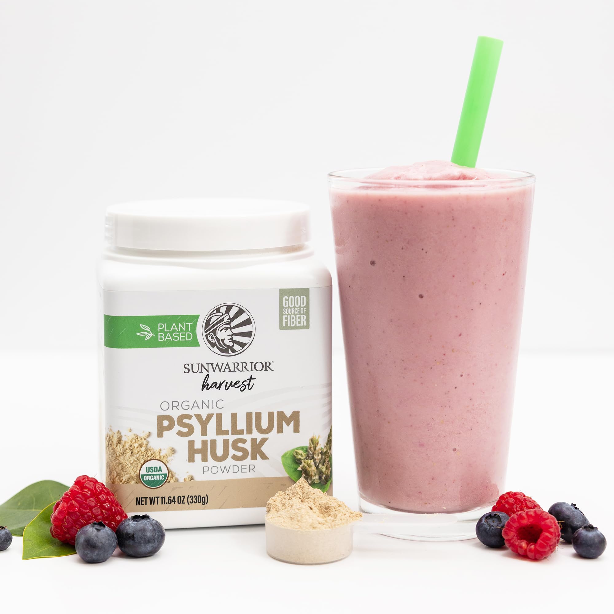 Sunwarrior Psyllium certifié biologique et sans OGM pour une alimentation propre.