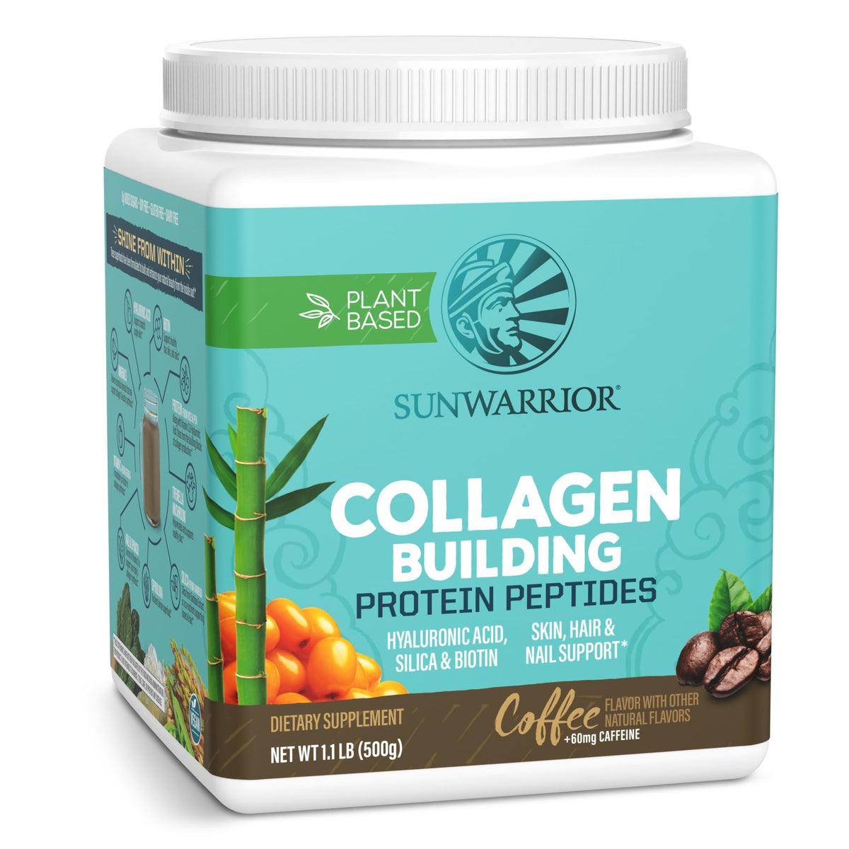 Sunwarrior poudre vegan de collagène saveur café, pratique pour 20 portions.