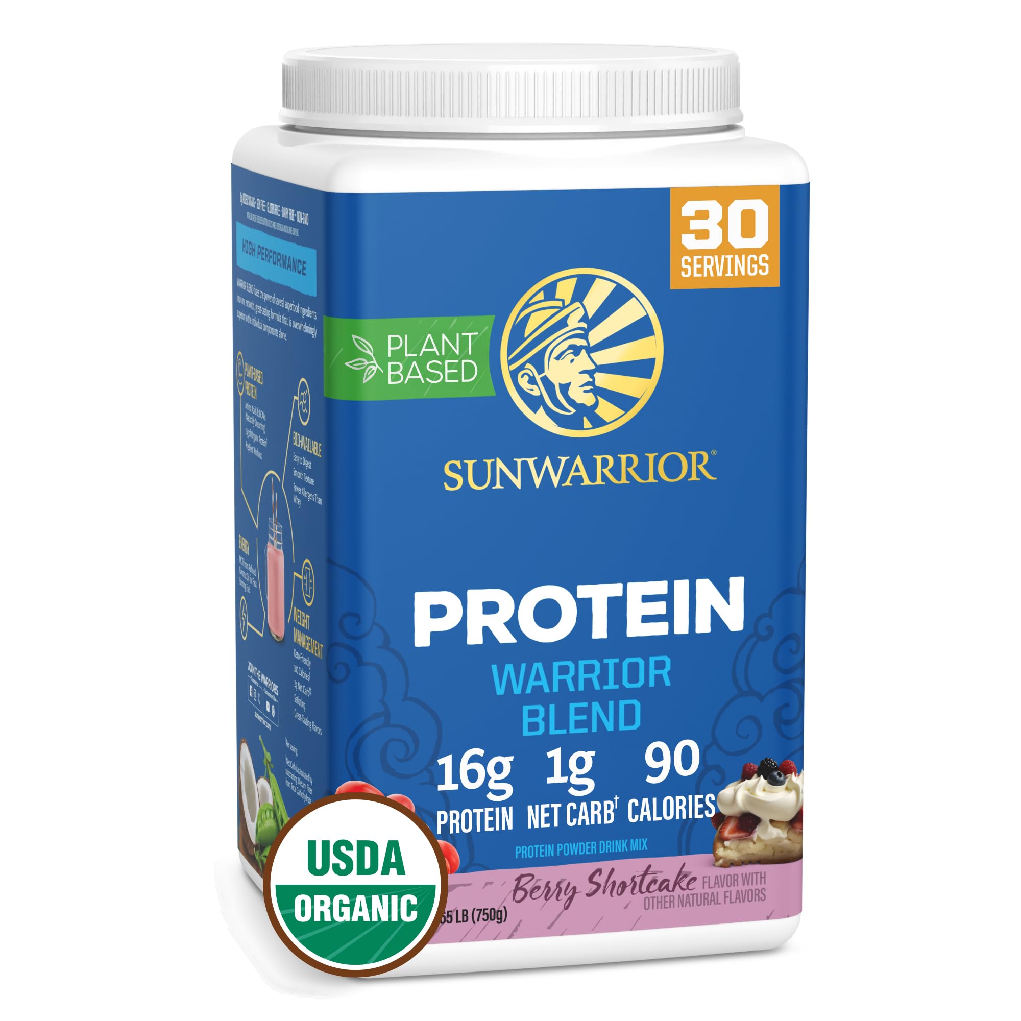 Sunwarrior Warrior Blend, poudre proteine vegetale fruits rouges, texture lisse pour recuperation post-entraînement.