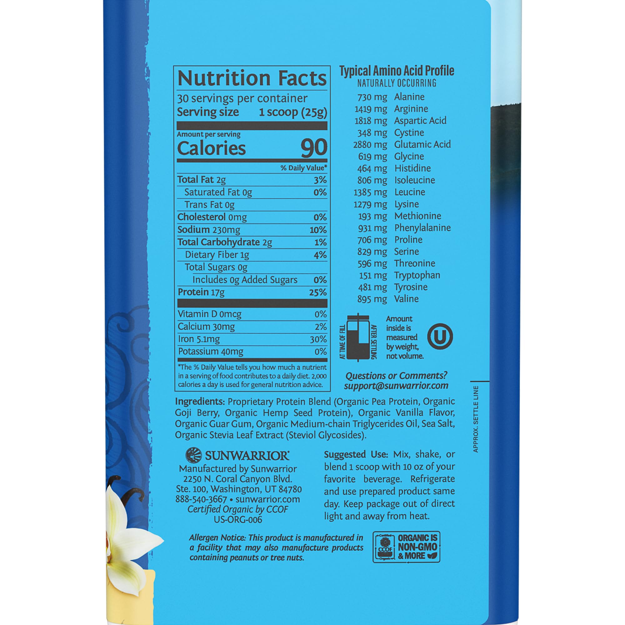 Sunwarrior Warrior Blend, scoop poudre facilement mesurable pour protéines végétales.