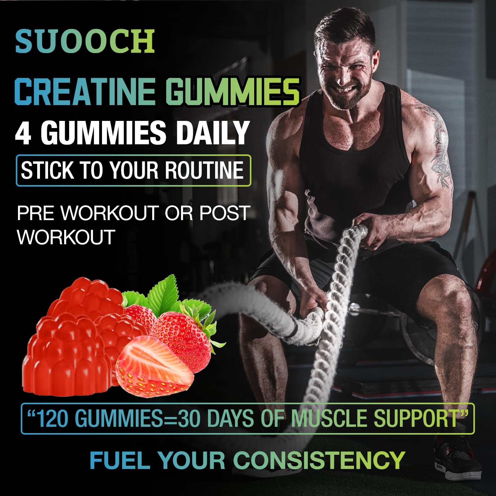 Gomme SUOOCH créatine framboise monohydrate, adaptée à tous les niveaux d’entraînement.