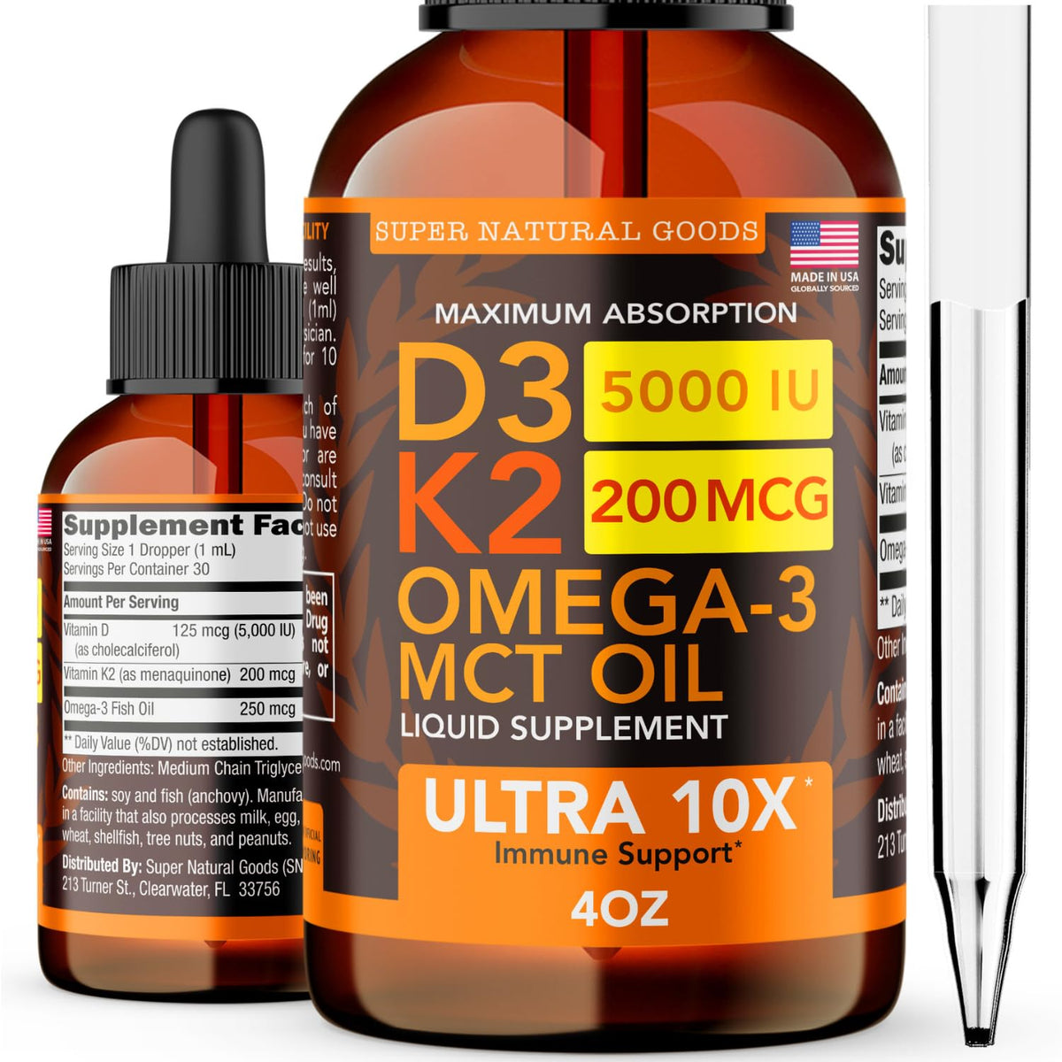 Super Natural Goods gouttes D3 K2, bouteille avec pipette, absorption rapide pour énergie et bien-être.