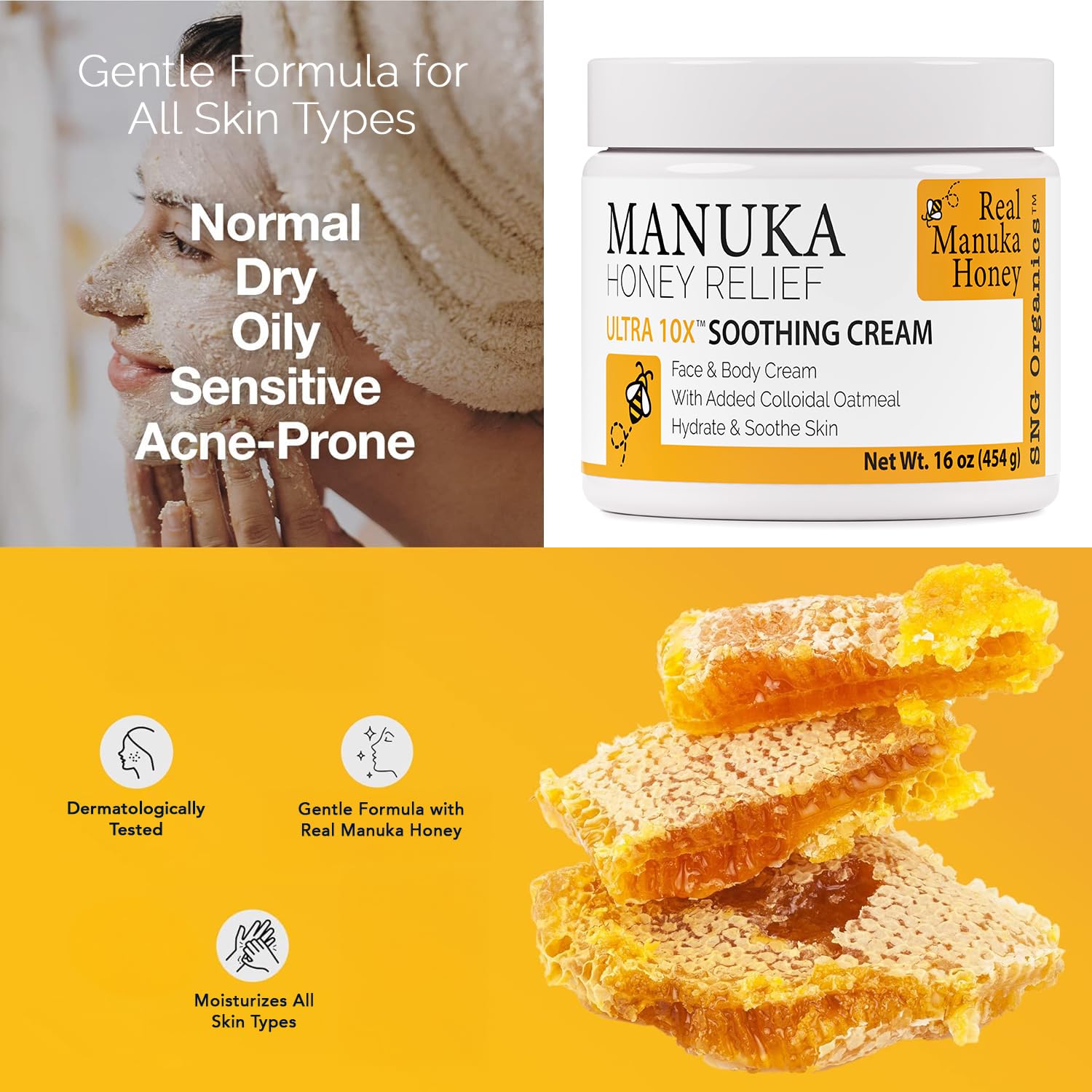 Super Natural Goods flacon Miel Manuka Aloe vera: ingrédients naturels mis en valeur.