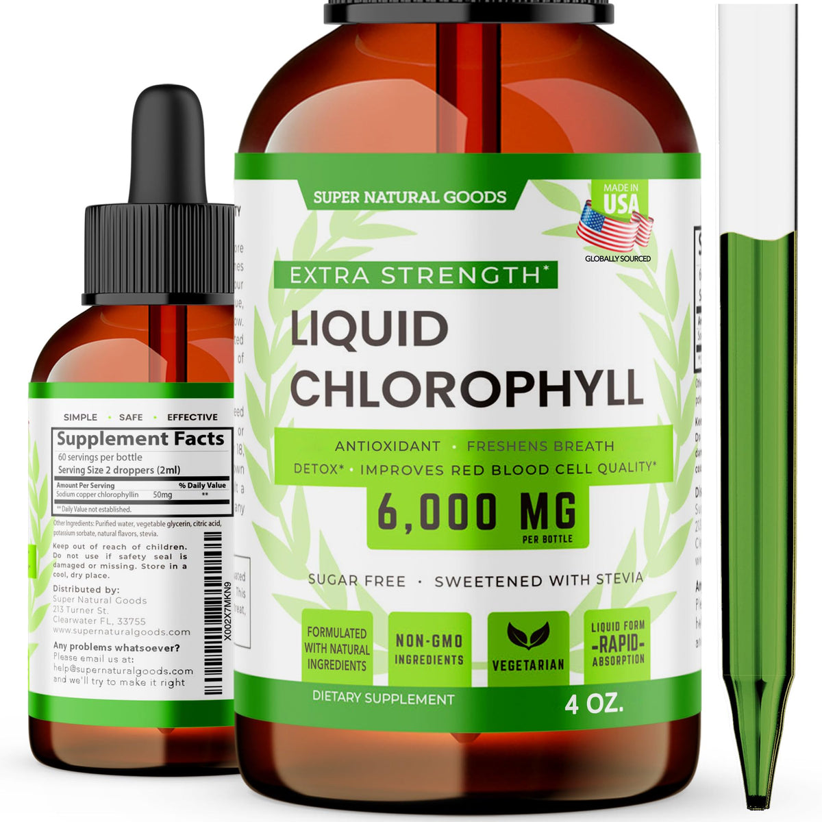Chlorophylle liquide Super Natural Goods dans une bouteille 4oz prête à être ajoutée à l'eau.