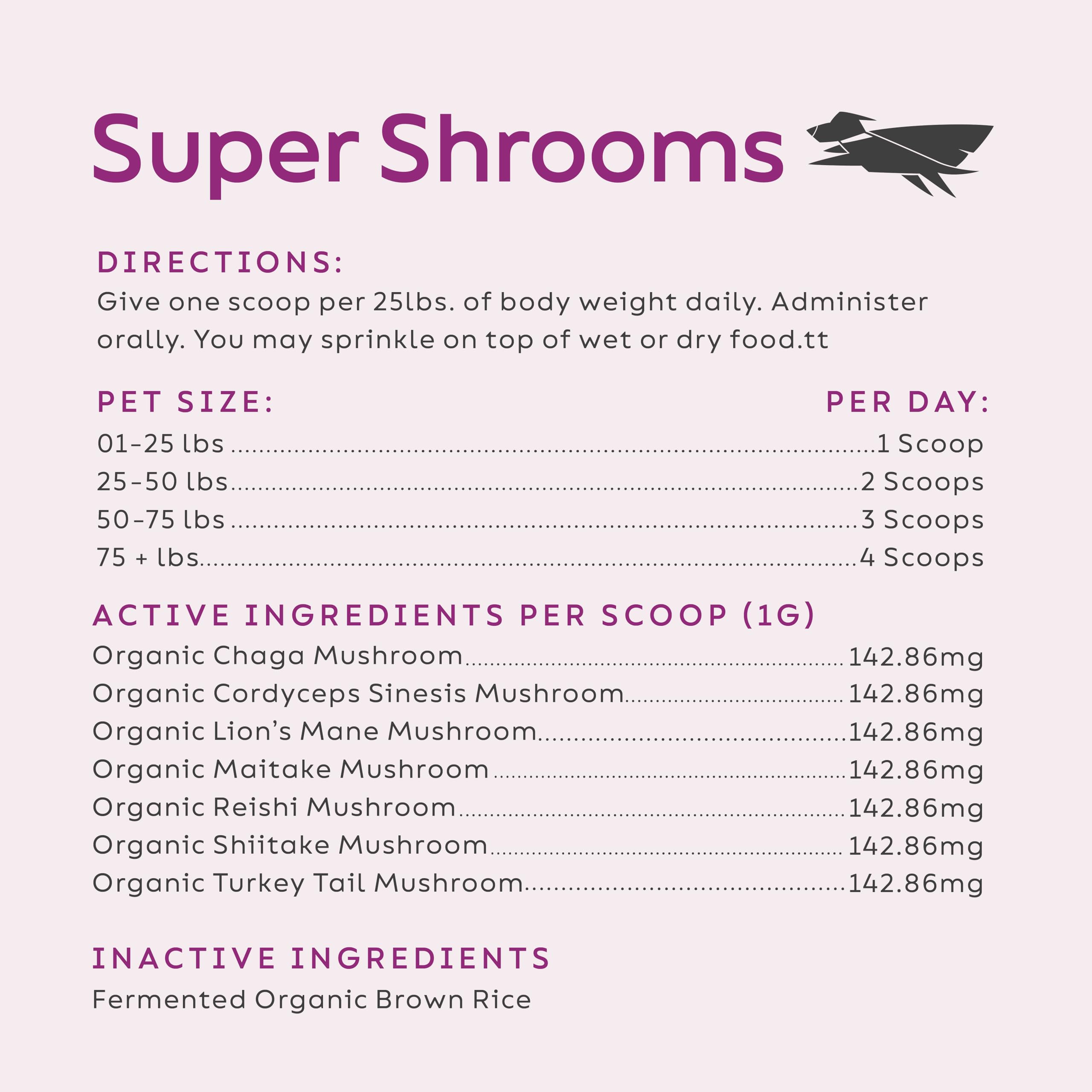 Super Snouts Super Shrooms : bocal-utilisation, dosage quotidien pour chiens et chats
