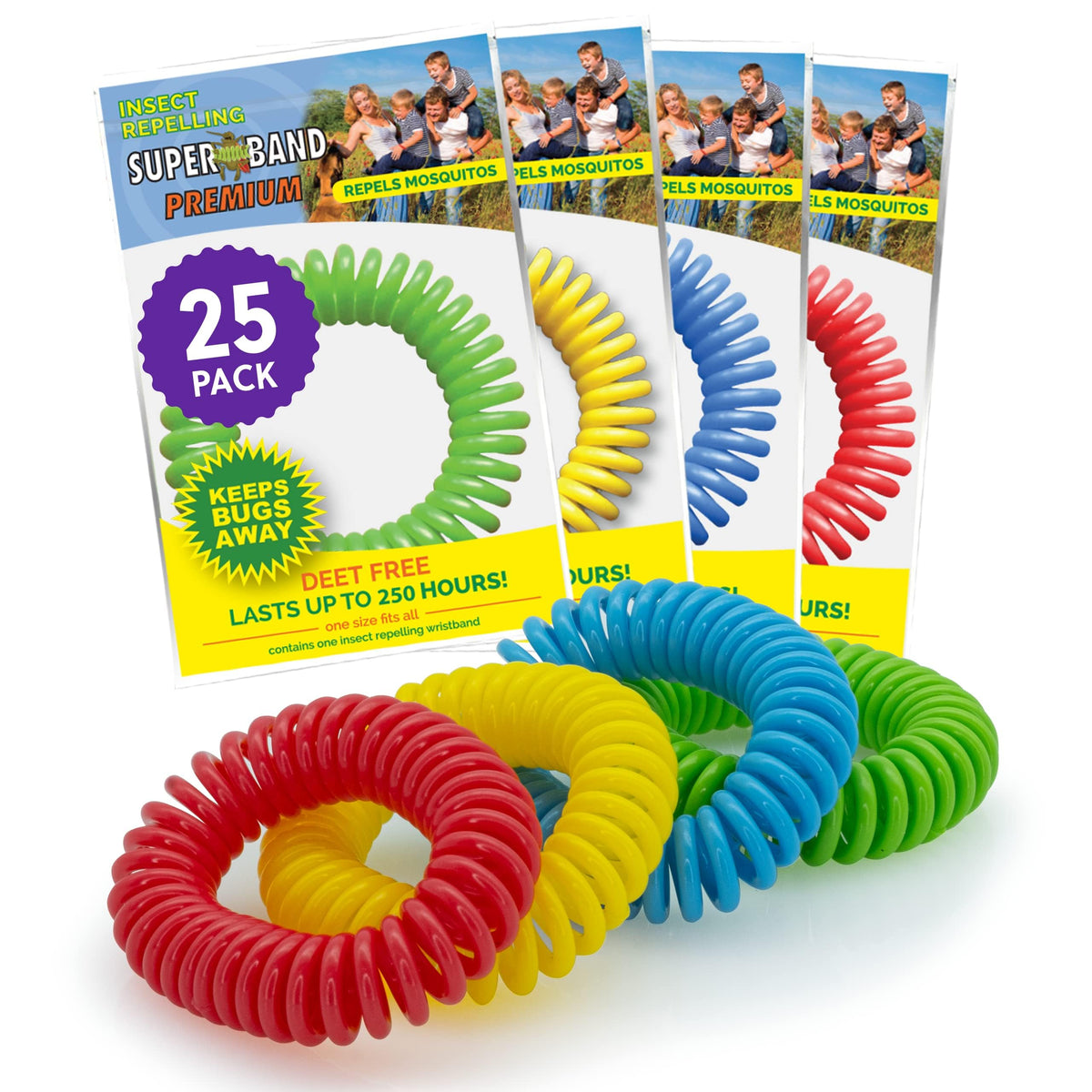 Bracelets antimoustique SUPERBAND, pack de 25, sans DEET et durables.