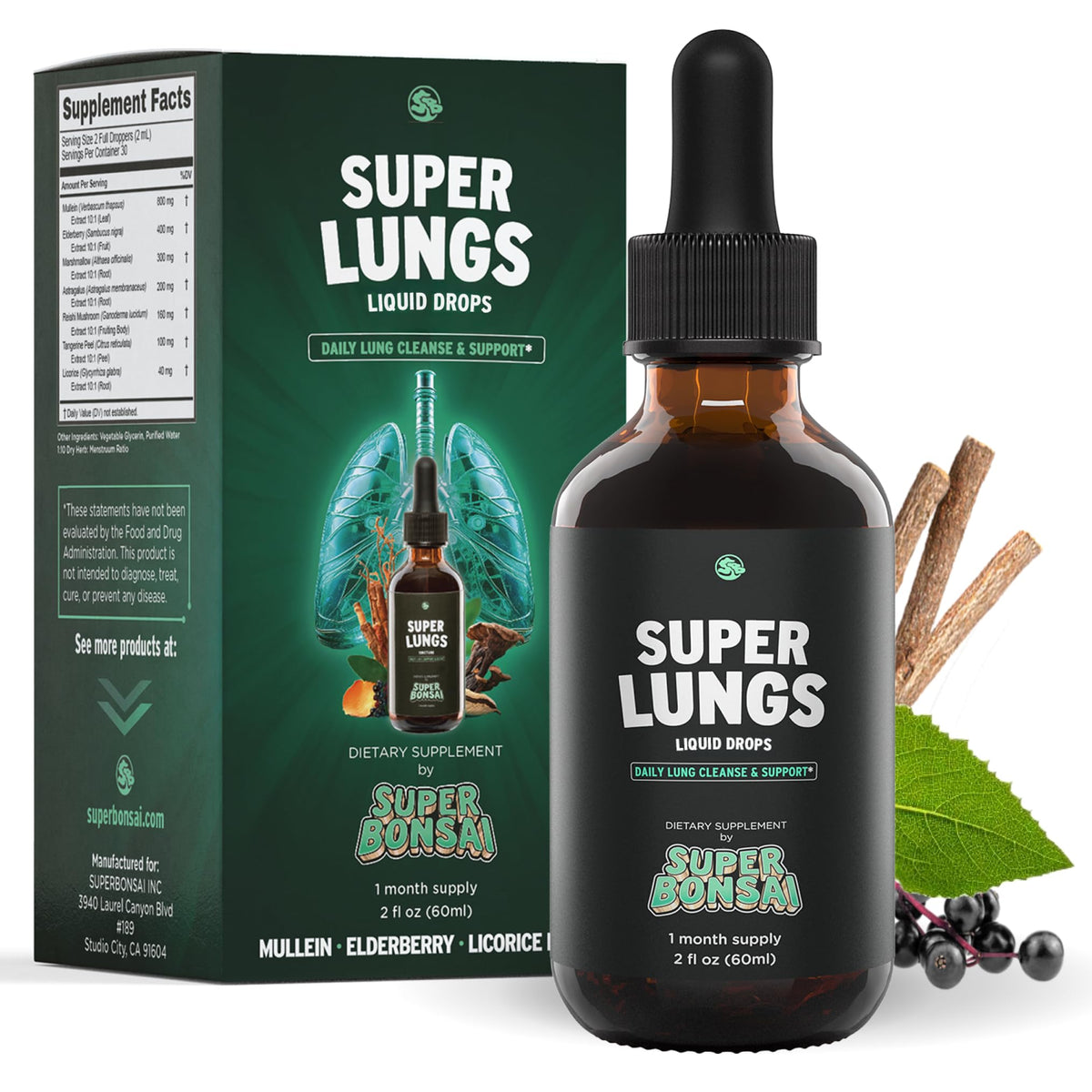 SuperBonsai Super Lungs Drops – bouteille 2 oz prête à l’emploi pour le soutien respiratoire.