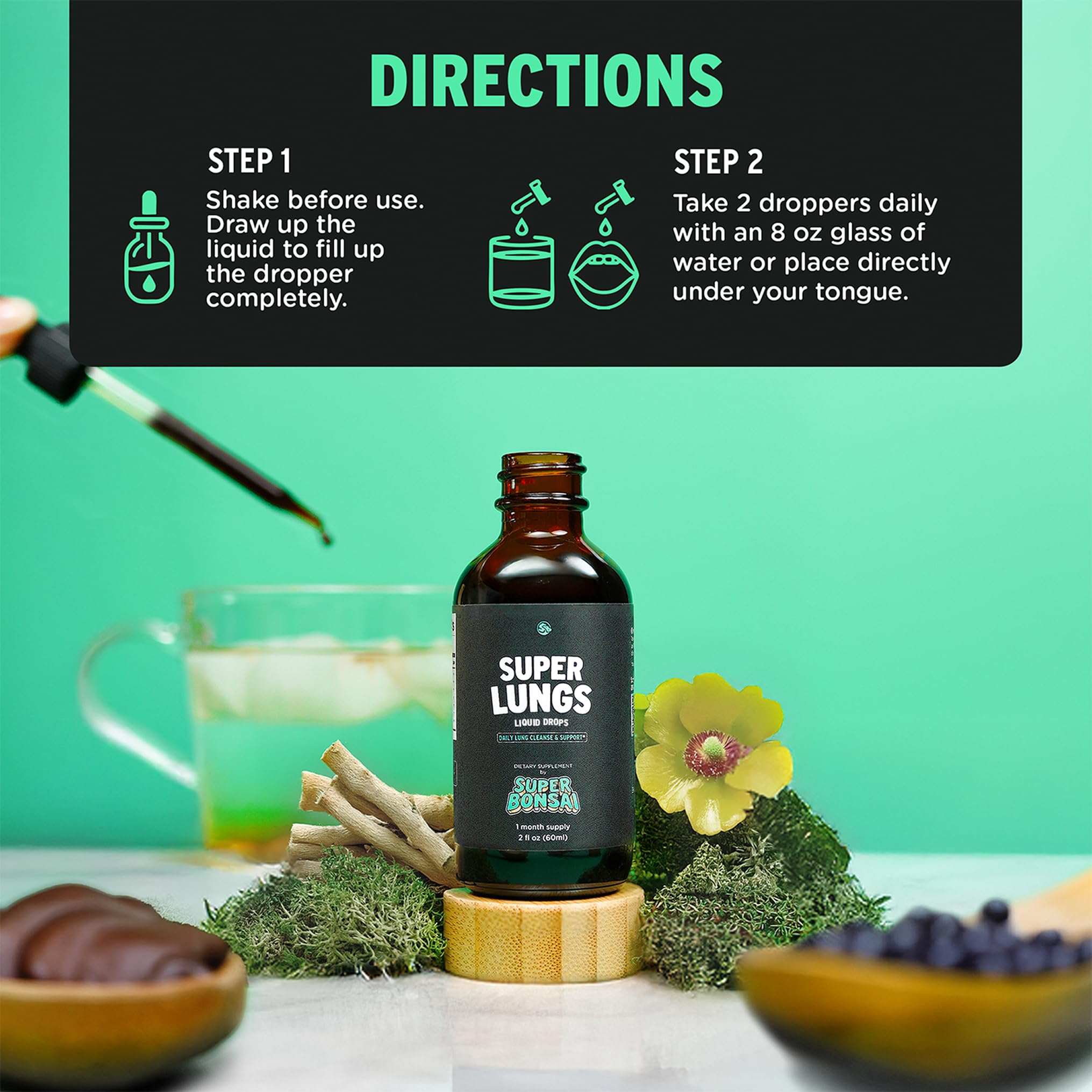SuperBonsai Super Lungs Drops – compte-gouttes pour dosages simples et précis.