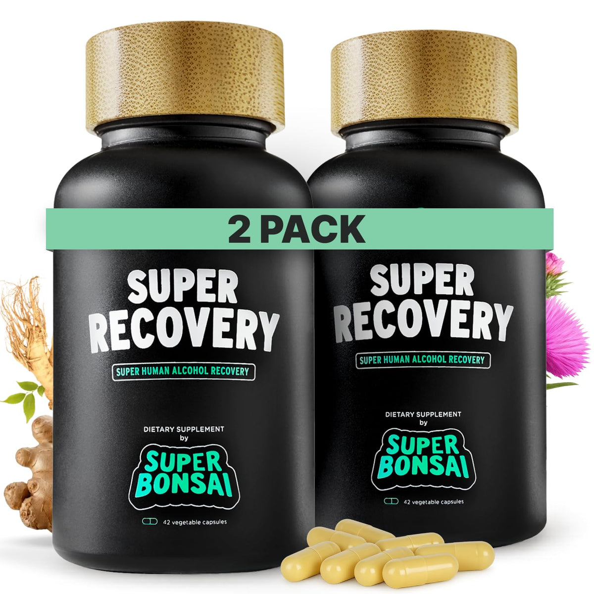 SuperBonsai Super Recovery, bouteille de capsules prête à revitaliser votre matinée naturellement.