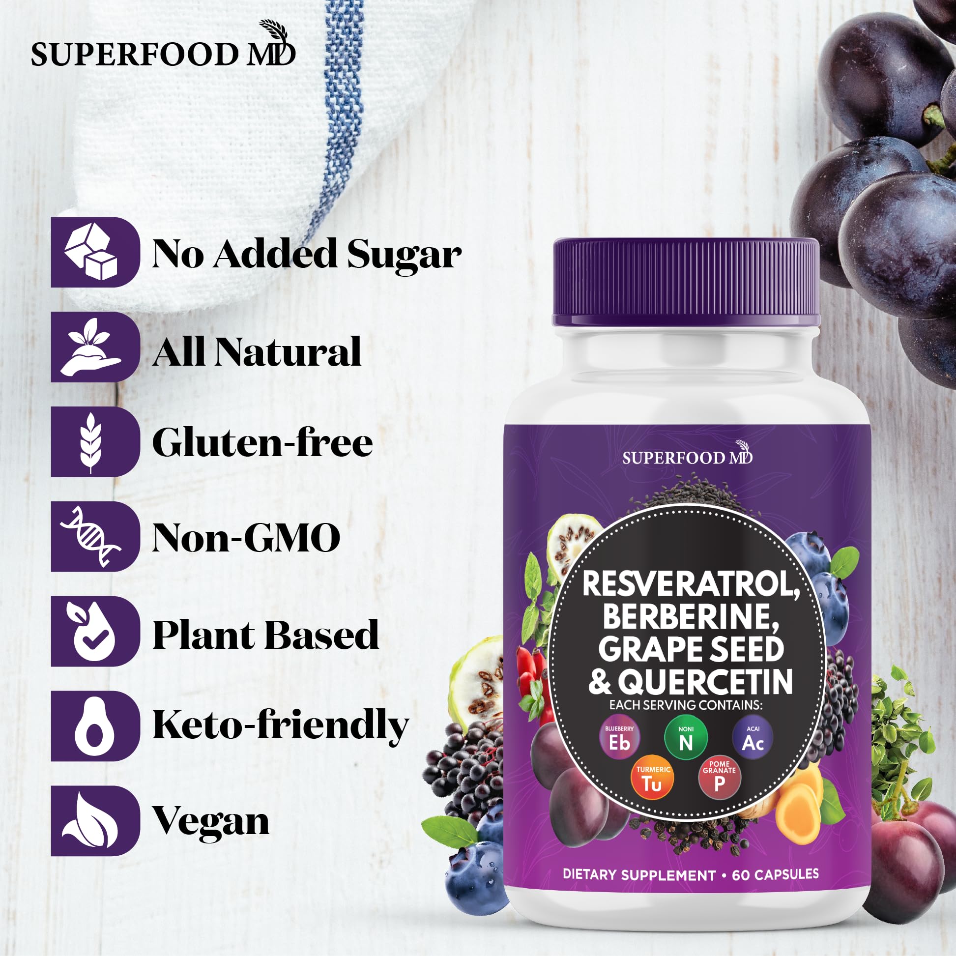 Superfood MD Acai Extrait: bouteille riche en polyphénols pour le bien-être.