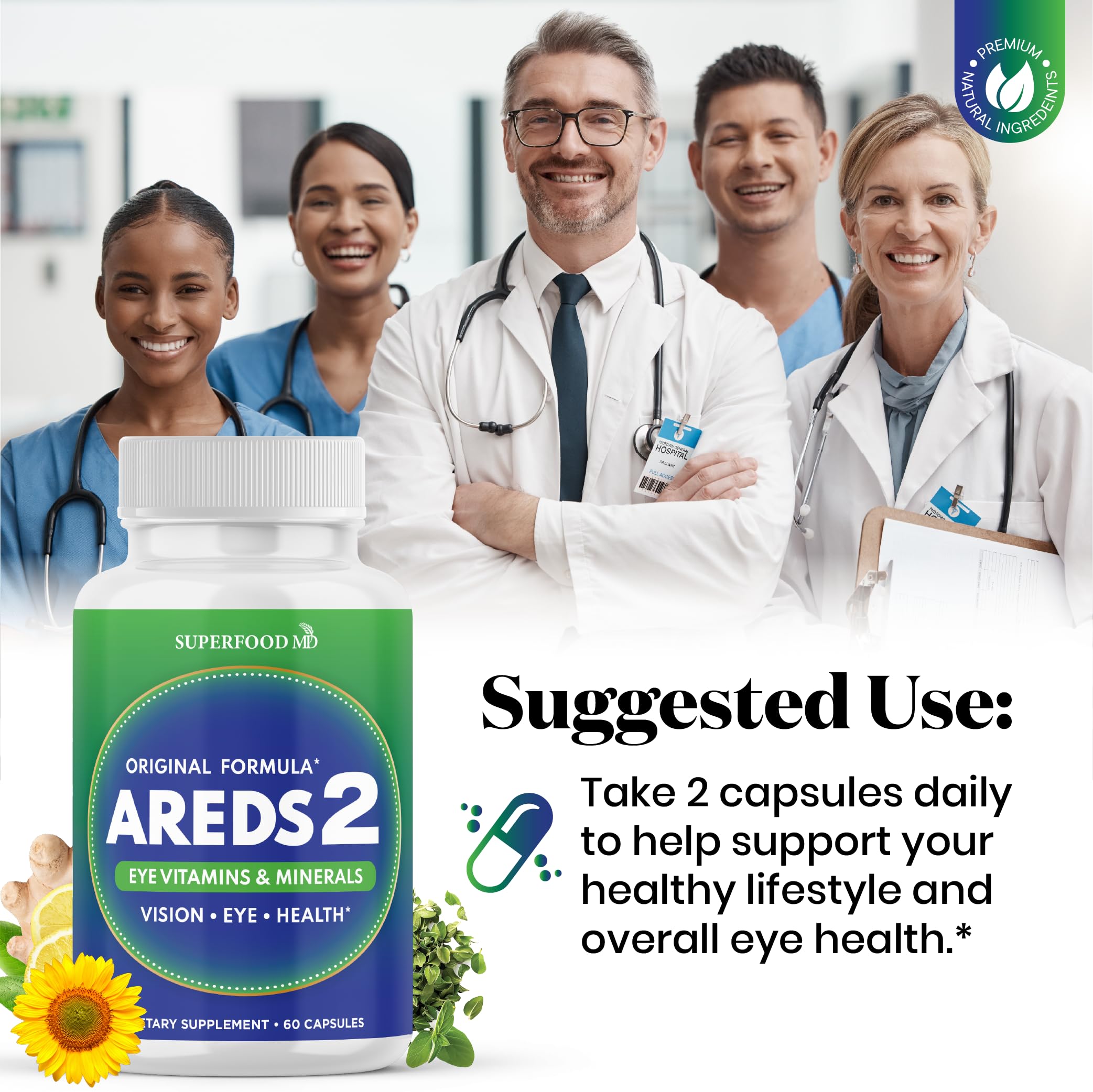 Utilisation quotidienne de Superfood MD AREDS2, 180 capsules faciles à prendre.