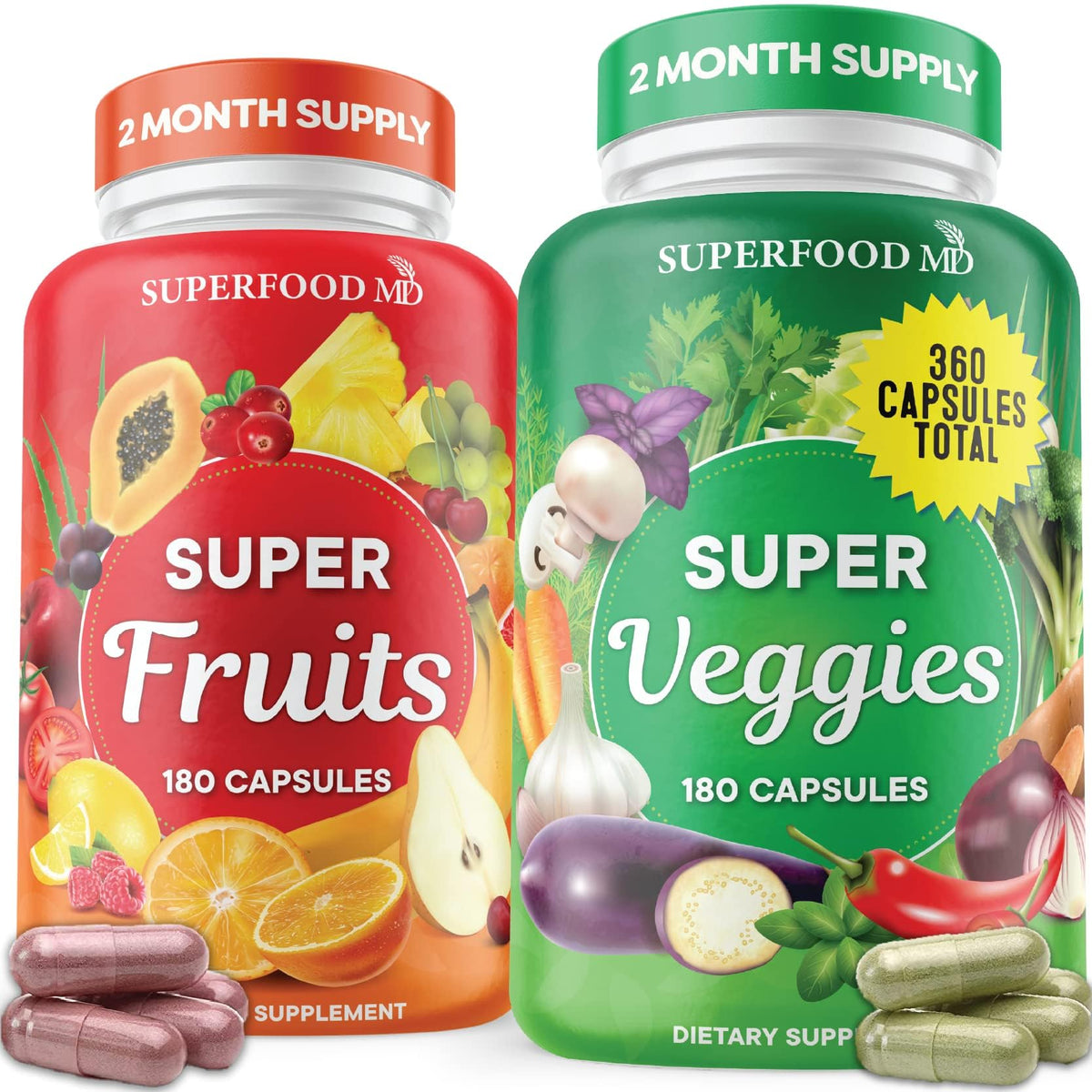 Bouteille Superfood MD avec capsules fruits et légumes pour énergie naturelle.