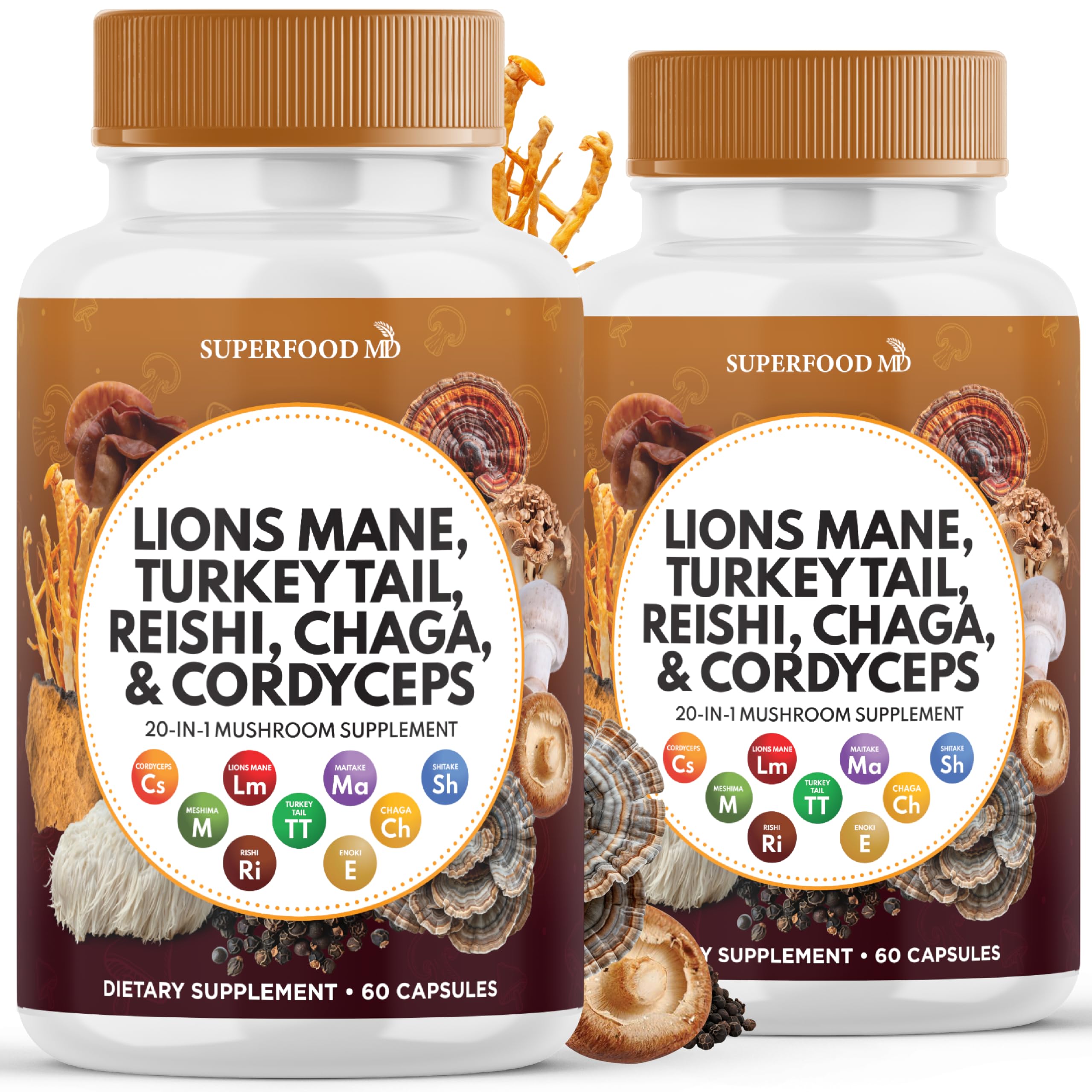 Capsules Superfood MD crinière de lion, flacon clair, soutien potentiel à la concentration.