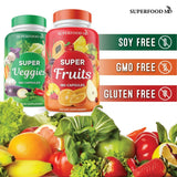 Ingrédients fruits et légumes variés pour une routine saine avec Superfood MD.