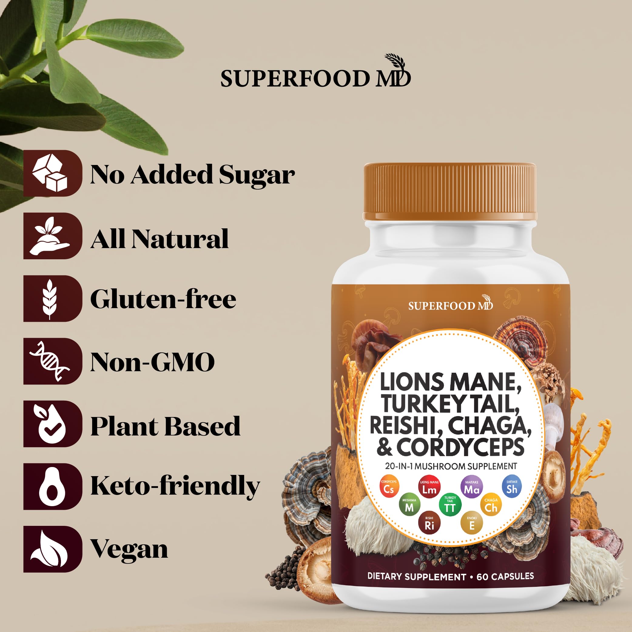 Flacon Superfood MD sur étagère, symbole de qualité fabriqué aux États‑Unis.