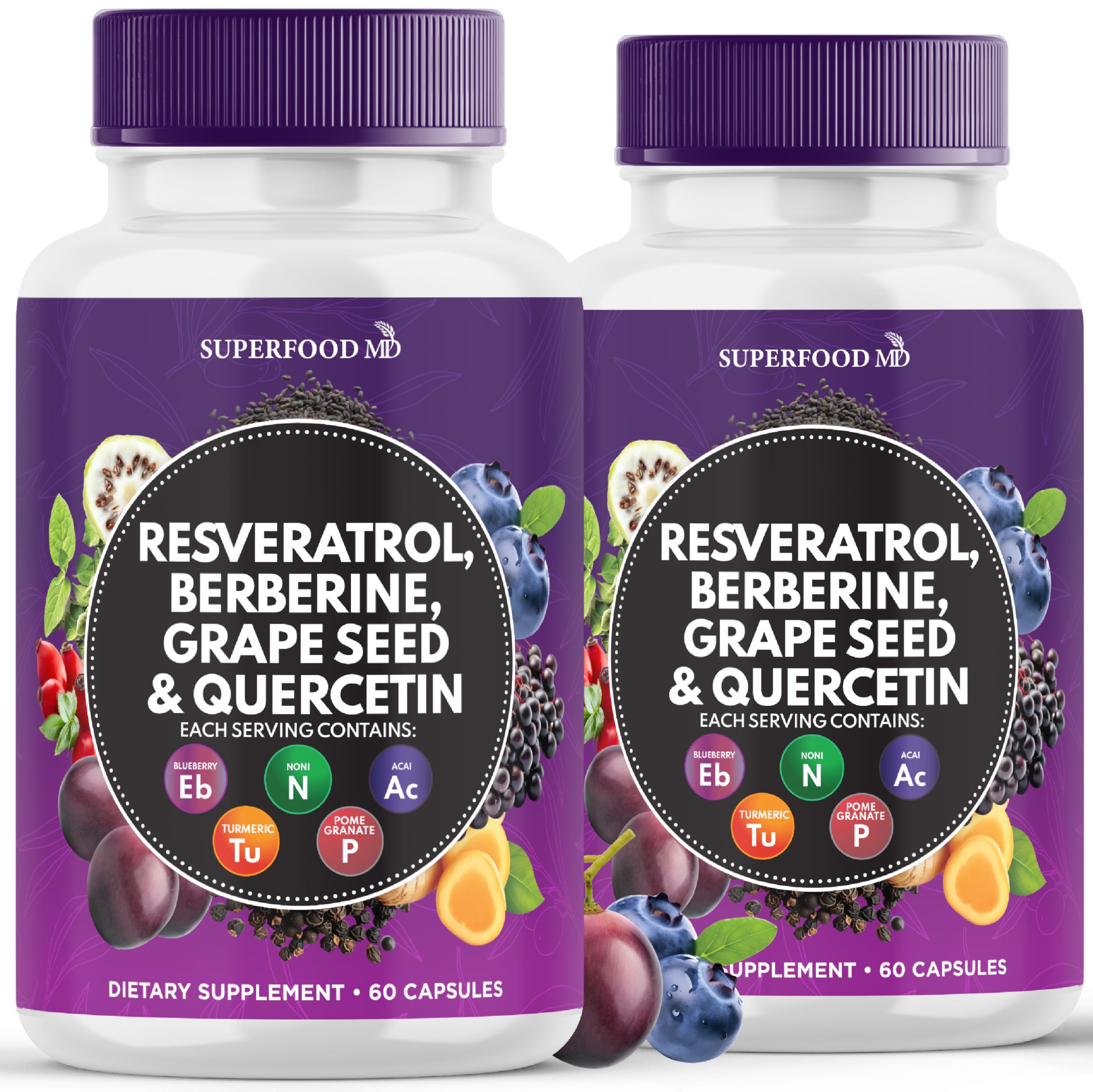 Superfood MD Resveratrol-Berberine: capsules pour un soutien antioxydant quotidien.