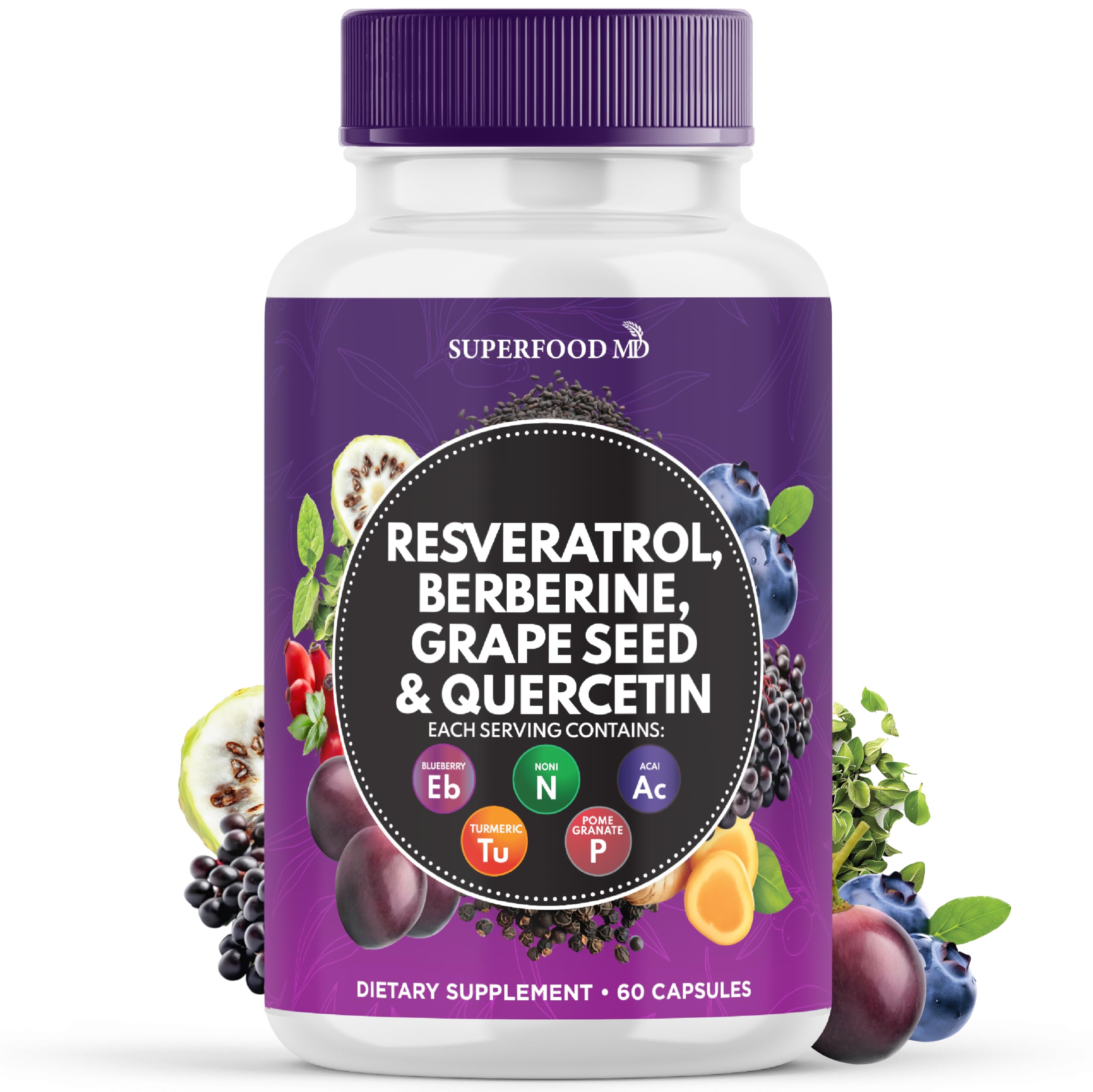 Superfood MD Resveratrol-Berberine, bouteille d'extrait de pépins de raisin, soutien potentiel des polyphénols.