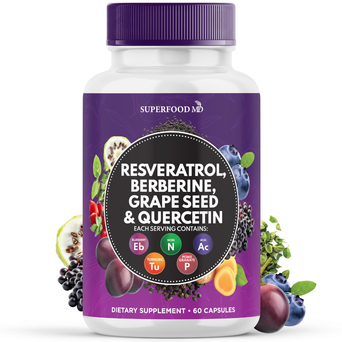 Superfood MD Resveratrol-Berberine, bouteille d'extrait de pépins de raisin, soutien potentiel des polyphénols.
