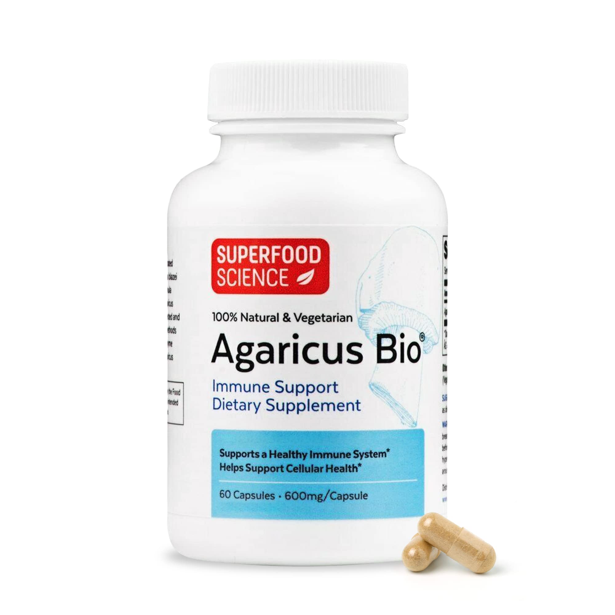 Agaricus Bio, bouteille Superfood Science, gélules prêtes à l'emploi.