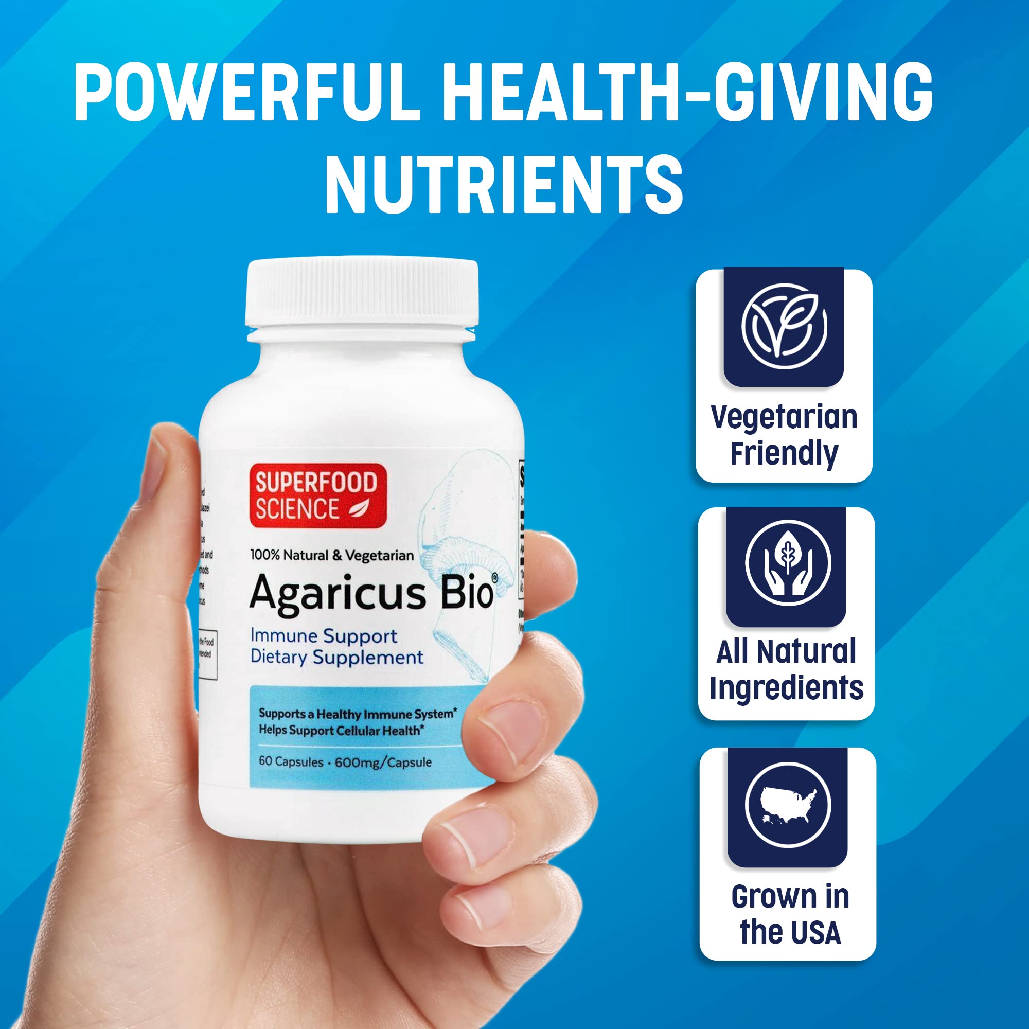 Capsules Agaricus Bio dans leur pot translucide.