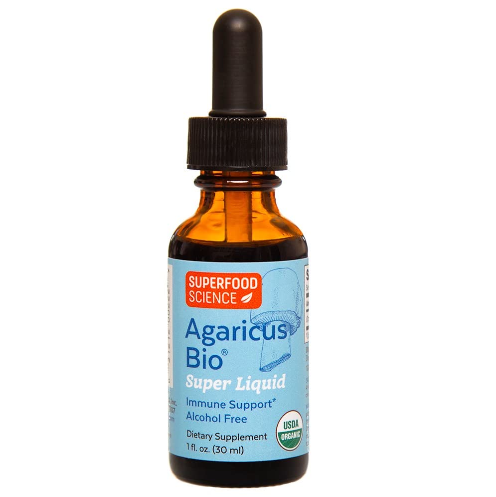 Agaricus Bio Super Liquid de Superfood Science, bouteille-gouttes pratique pour une utilisation quotidienne.