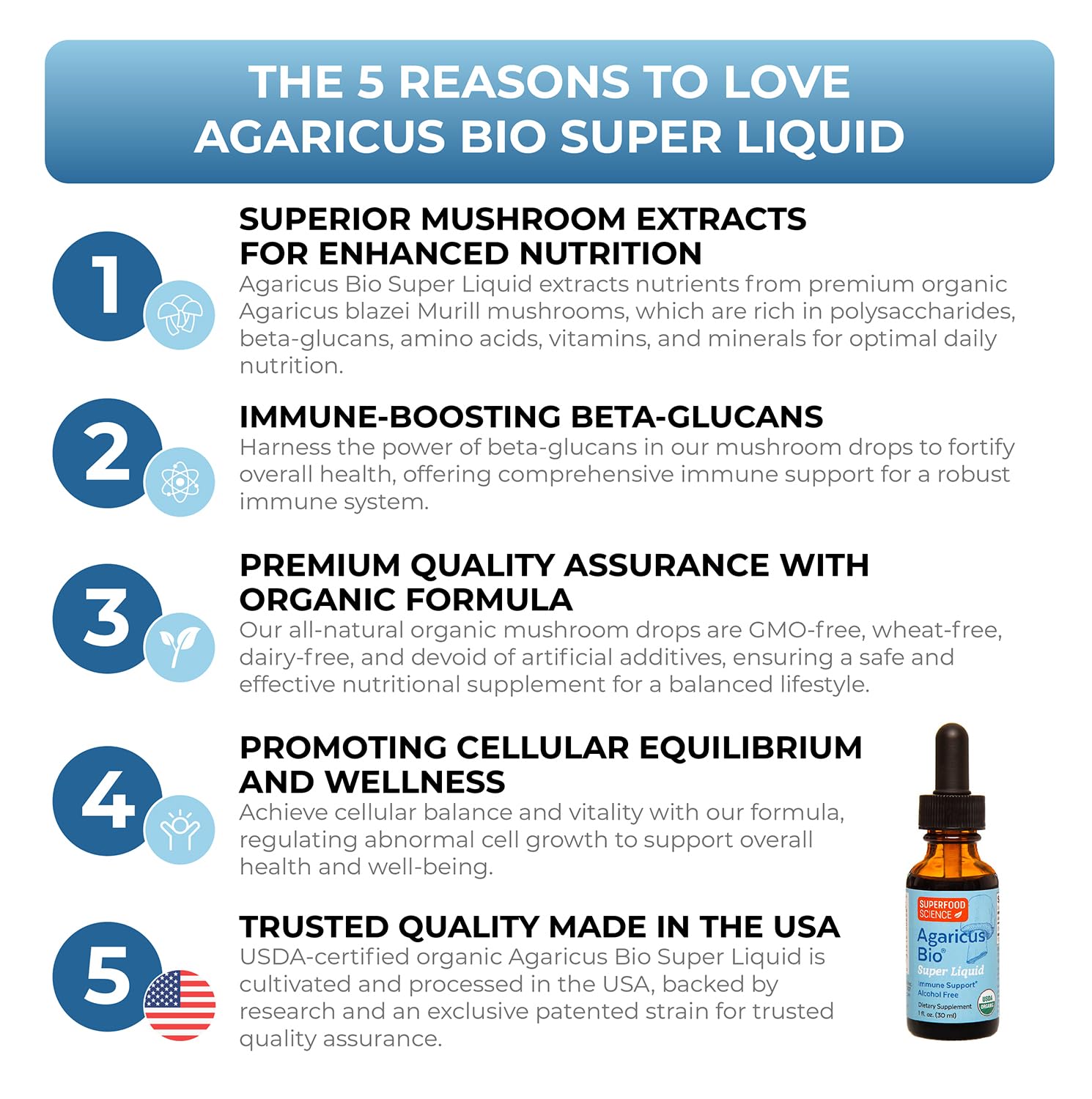 Superfood Science Agaricus Bio Super Liquide, extrait biologique, dose facile.