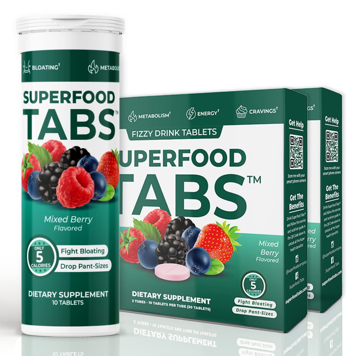 Superfood Tabs Detox, boisson saveur baies mélangées, rafraîchissement vibrant et énergie légère.